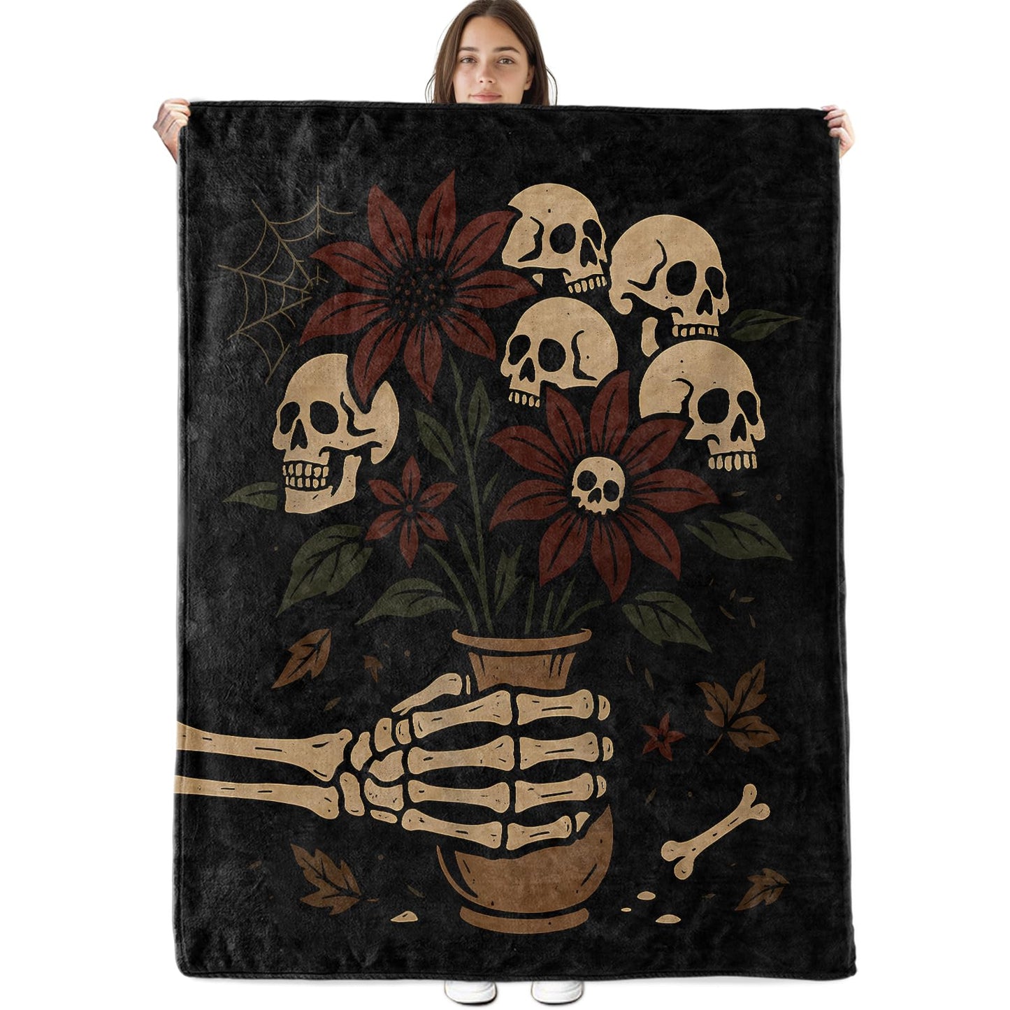 Tadccn Gothic Skull Blanket Soft Cozy Flannel Throw Blankets, Skeleton Hand with Flower and Bone Art Throws for Couch Bed Sofa Living Room Halloween Decor, Gifts for Women Adults Goth Lovers 60"×50"