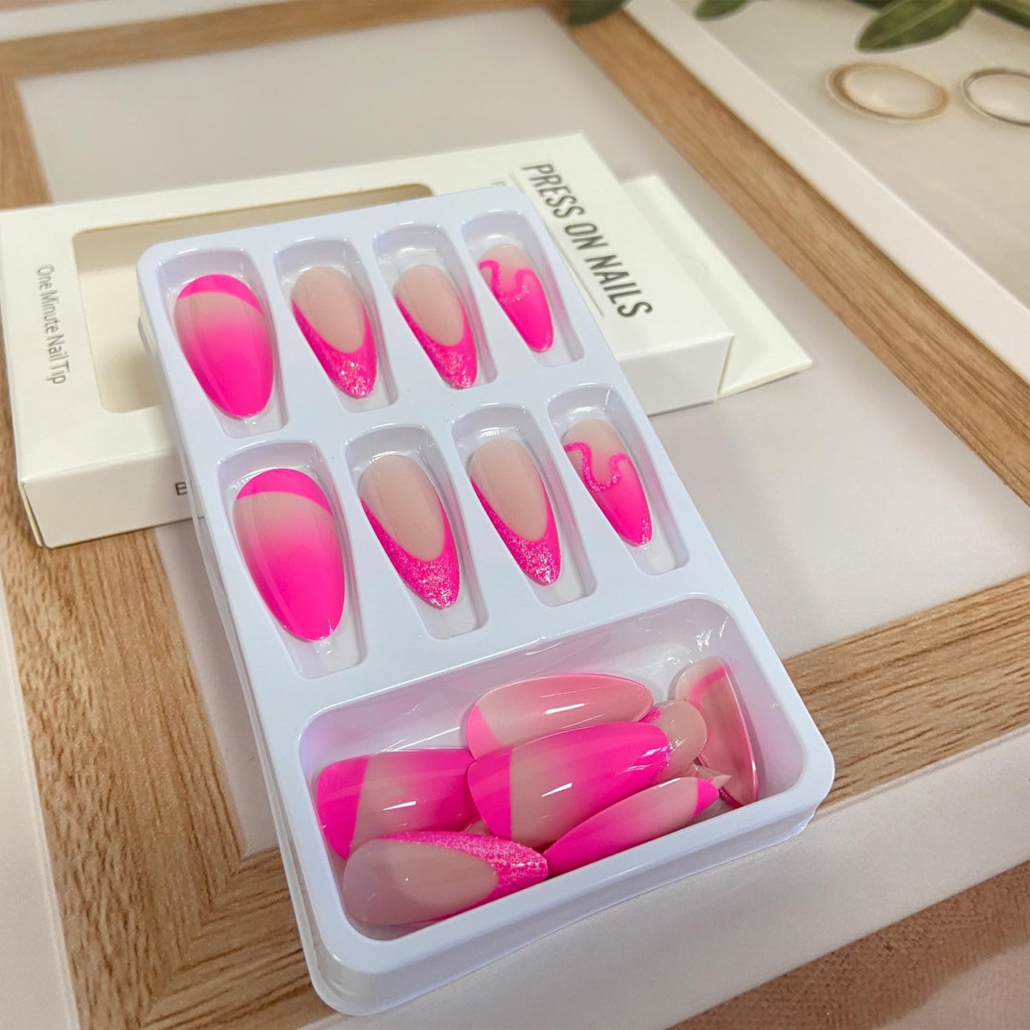 Hot Pink Gradient French Tip Press on Nails Medium Almond Fake Nails Pink Glitter Designs False Nails Full Cover Stick on Nails Reusable Acrylic Artificial Nails Glue on Nails for Women 24Pcs
