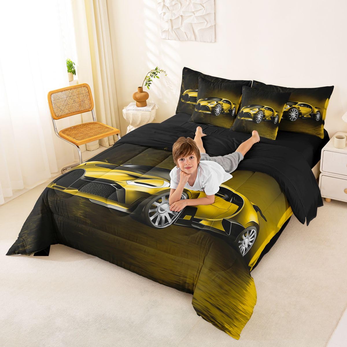 Feelyou Sports Car 7 Piece Bedding Set Yellow Race Car Comforter Set with Sheets for Kids Boys Girls Extreme Sports Bed in a Bag Cool Speed Luxury Car Decor Quilt with 2 Pillowcases Queen