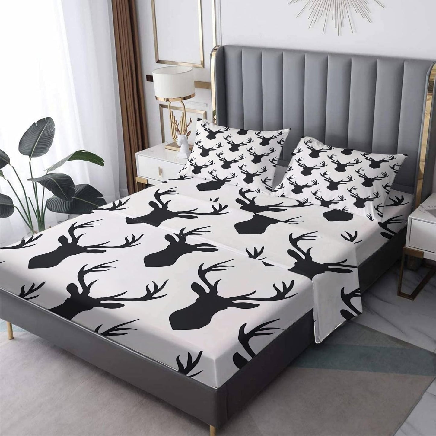 zcsm Deer Head Sheets Queen Sheet Set - Black and White Cabin Bed Sheets, Soft Microfiber & Deep Pocket & Wrinkle Free Bedding Sheets & Pillowcases, 1 Fitted Sheet, 1 Flat Sheet, 2 Pillow Cases