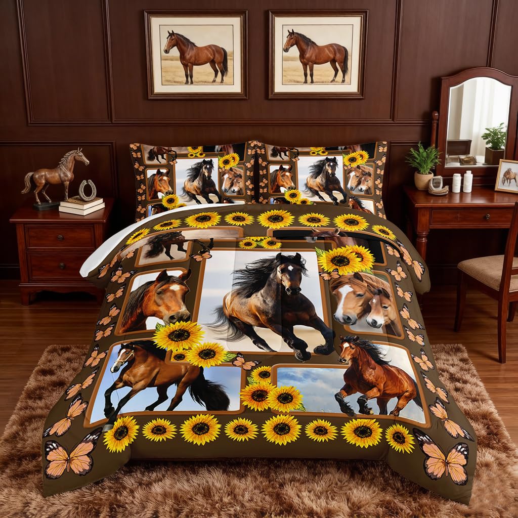 HOSIMA Horse Twin Size Comforter Sets,Kids Adult Girls Bedroom Modern Decor Brown Horse and Sunflower Bedding Sets,3D Print Wild Animals Pattern Western Bedding Set Theme with 2 Pillow Shams.