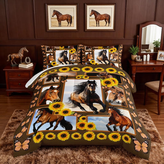 HOSIMA Horse Twin Size Comforter Sets,Kids Adult Girls Bedroom Modern Decor Brown Horse and Sunflower Bedding Sets,3D Print Wild Animals Pattern Western Bedding Set Theme with 2 Pillow Shams.