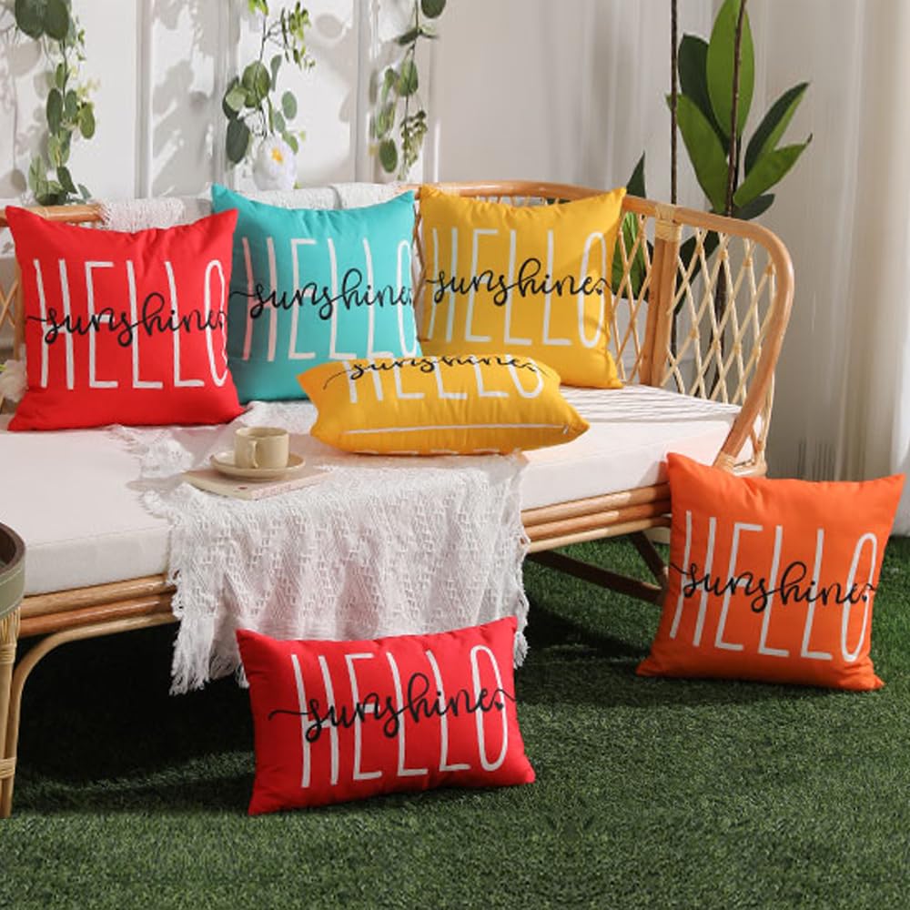 DFXSZ Outdoor Pillow Covers 18x18 Inch Set of 2 Hello Sunshine Decor Orange Waterproof Throw Pillow Covers Fall Outdoor Waterproof Pillow Covers Decor for Patio Funiture Garden Sofa Couch 020C18