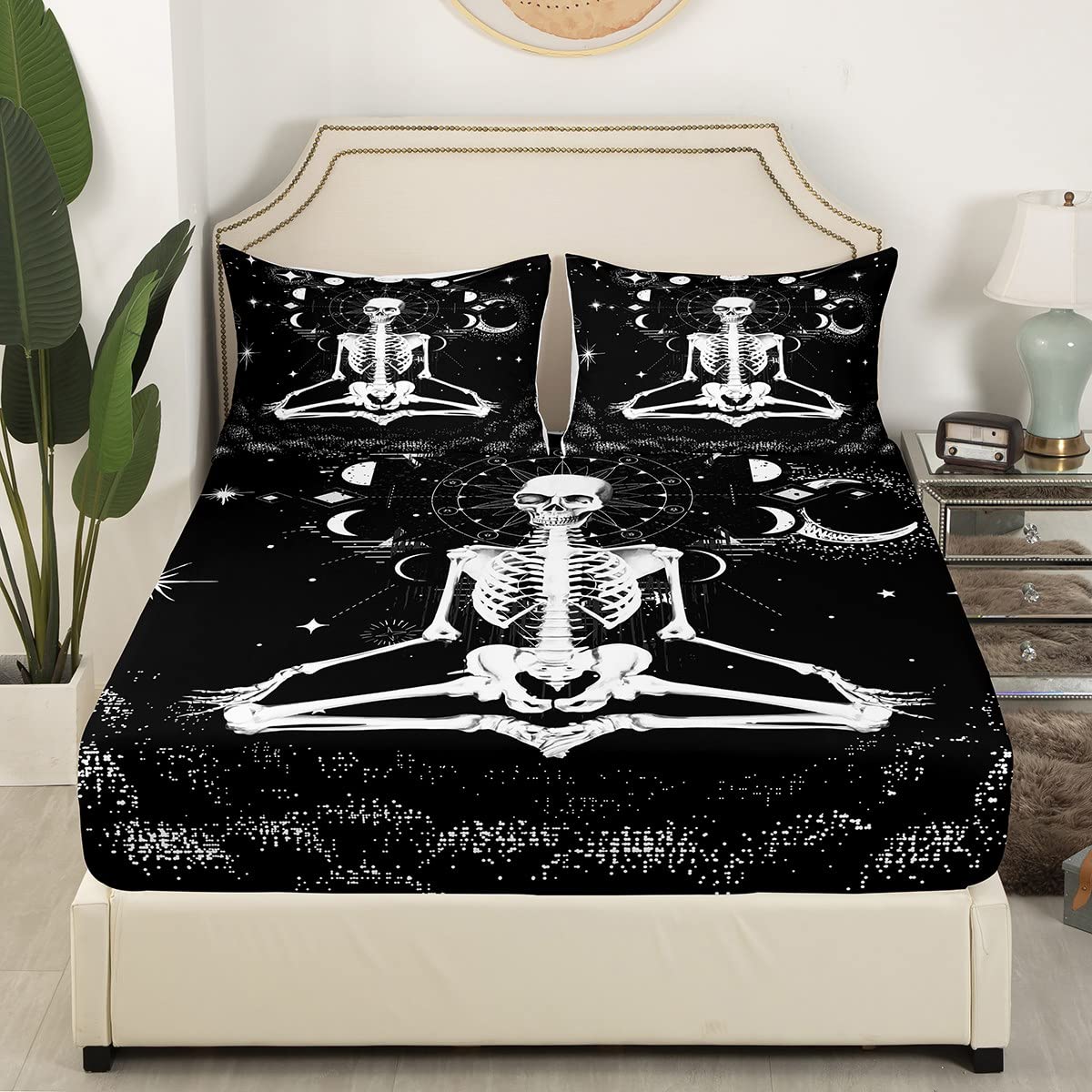 Erosebridal Skull Bed Sheets,Gothic Skeleton Sheet Set Queen Stars Moon Fitted Sheet Moon Phase Sheets Phychedelic Geometric Flat Sheet,Black White Decoratives for Home Bedroom,Super Soft Luxury…