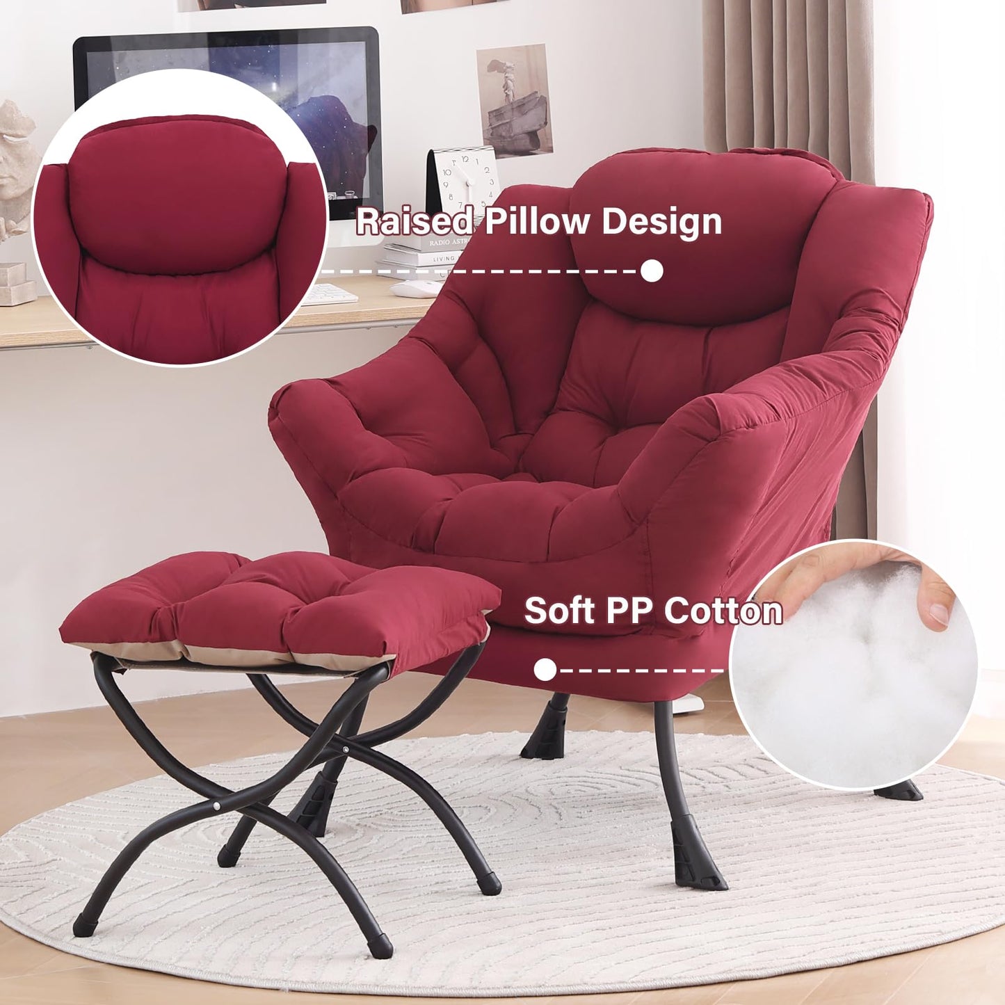 YOTATING Lazy Chair with Ottoman, Lounge Accent Arm Chair with Armrests, Side Pocket and Footrest, Leisure Upholstered Sofa Reading Chair with Footstool for Living Room Bedroom, Burgundy