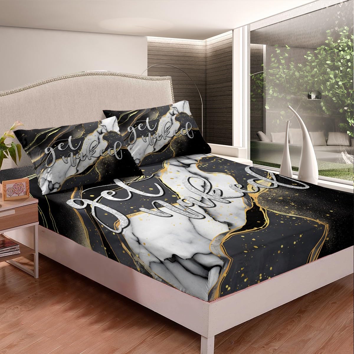 Feelyou Get Naked Bedding Set Kids Marble Bed Sheet Set Grey Black White Gold Fitted Sheet for Boys Girls Women Men Bedroom Decor Funny Quote Simple Modern Lightweight Bedding Sheets Full Size 3Pcs