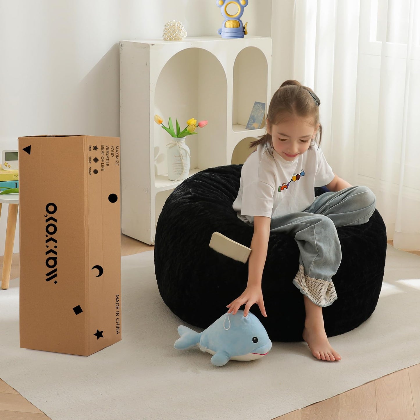 MAXYOYO Bean Bag Chair Bed for Kids, Convertible Bean Bag Folds from Lazy Chair to Floor Bed, Stuffed Floor Sofa Couch Sofa Bed for Boys and Girls, High-Density Foam Filling, Black