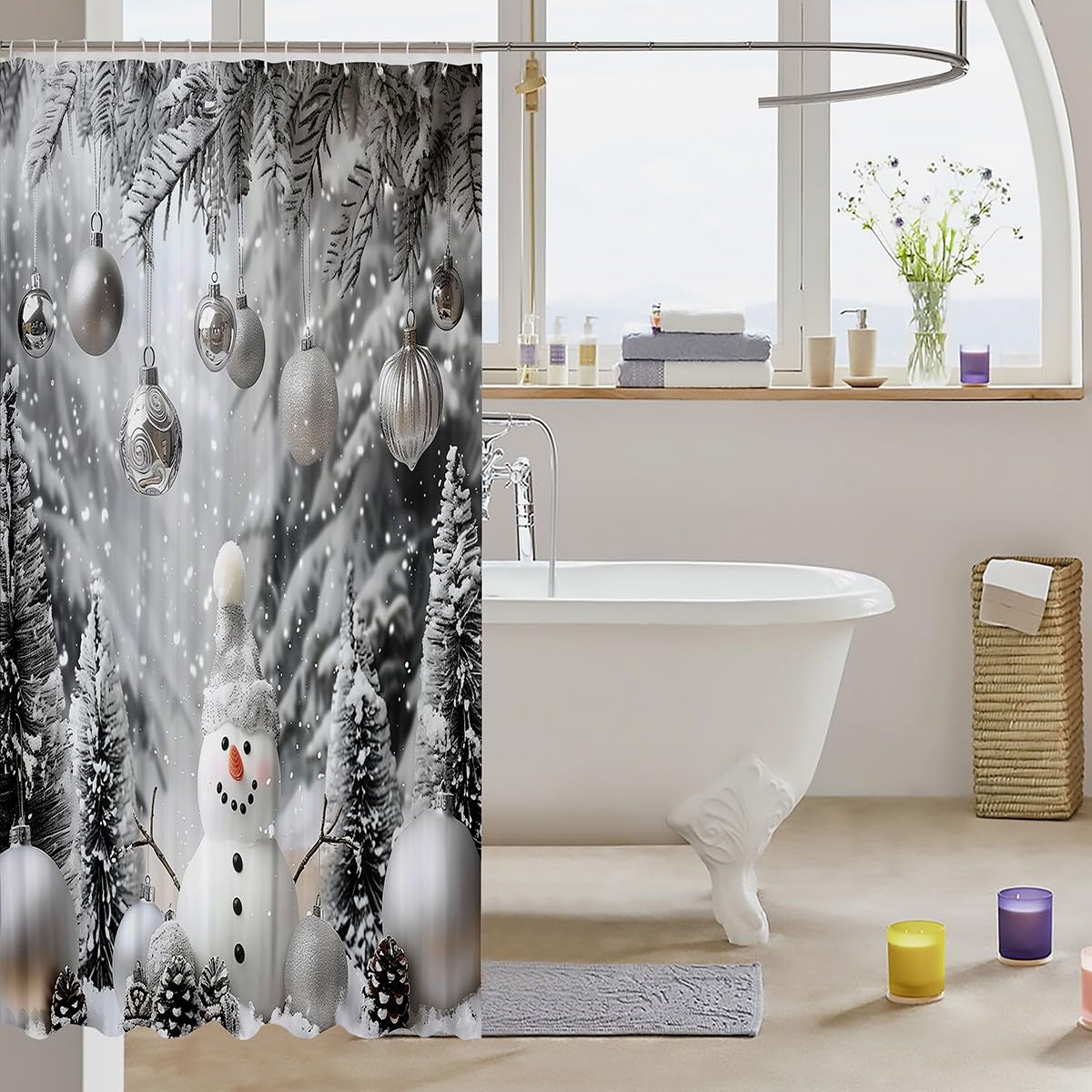 jejeloiu 72"x72" Snowman Bathroom Accessories Boys Girls Merry Christmas Bath Curtain for Kids Women Men Ultra Soft Xmas Tree Shower Curtain for Bathroom Decor Snowflake Room Decor Soft Lightweight