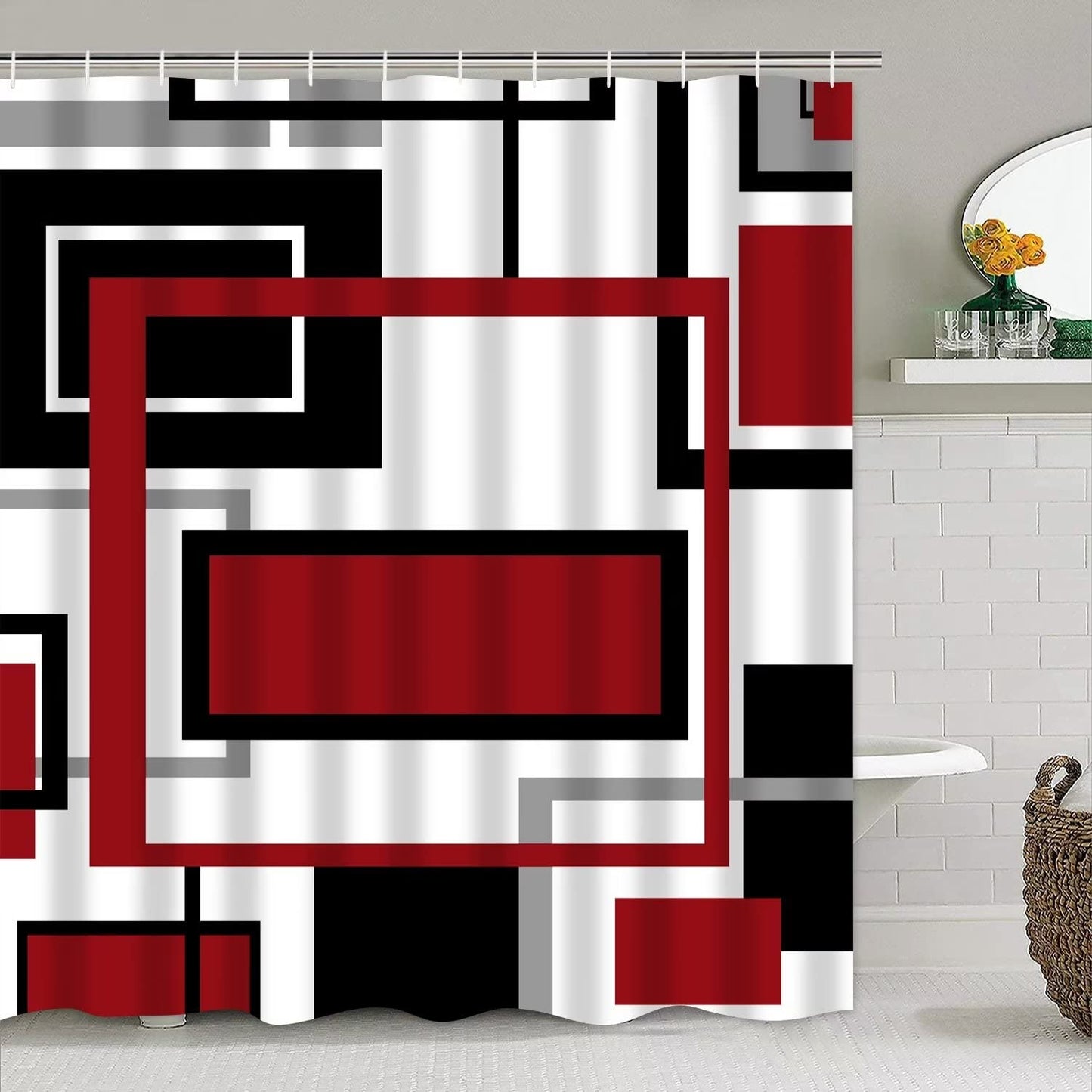 Yddsky 4 Pcs Red Geometric Shower Curtain Sets with Rugs Red Bathroom Sets with Shower Curtain and Rugs Modern Bathroom Curtains Shower Set with Toilet Lid Cover for Bathroom Decor Accessories