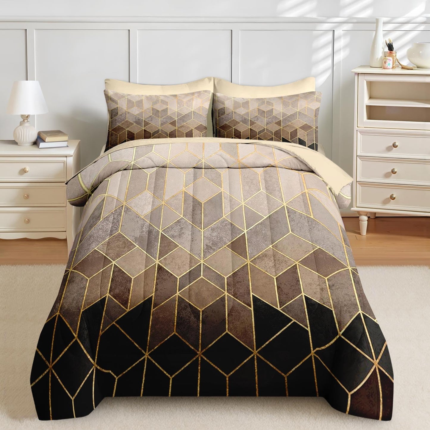 Nesker Comforter Set Full Size, Black Golden Gradient Cubic 7 Pcs Bedding for Kids and Adults, Brown Modern Geometric Bed Sheet Sets with Fitted Sheet 2 Pillowcases & 2 Shams