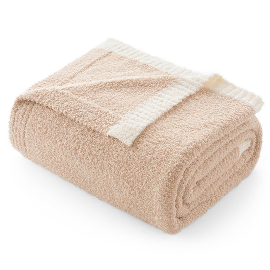 Snuggle Sac Ultra Soft Throw Blanket for Couch Bed Sofa 50x60 inches, Reversible Beige Blanket Microfiber Fluffy Fuzzy Cozy Knit Throws for Women Mothers Birthday Gifts