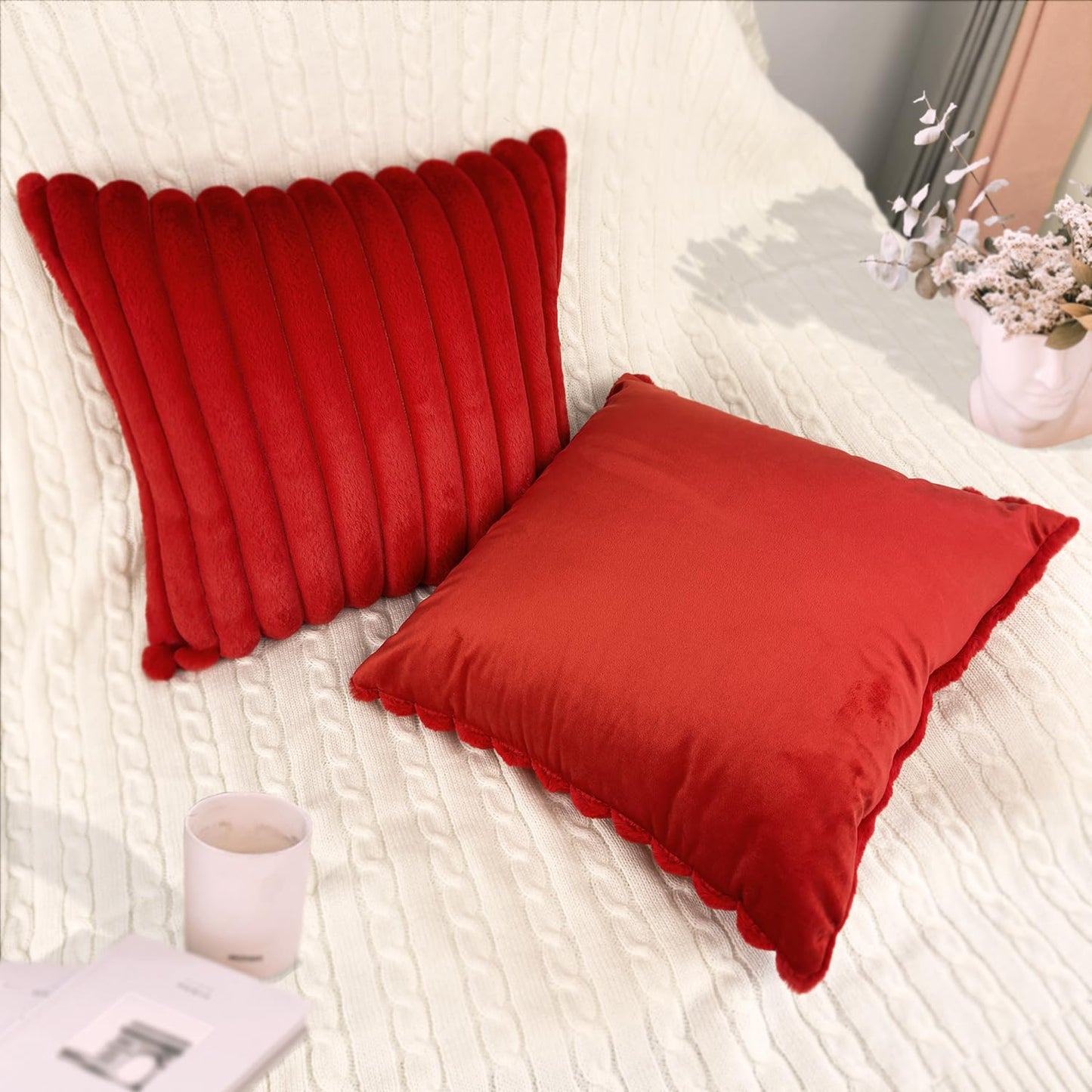 2 Pack 18x18 Pillow Cover Velvet Pillow Covers, Faux Fur Square Throw Pillow Covers for Living Room Decorations Throw Pillow Case, Throw Pillow Cover Cushion Cover for Home Sofa Bedroom Car, Red