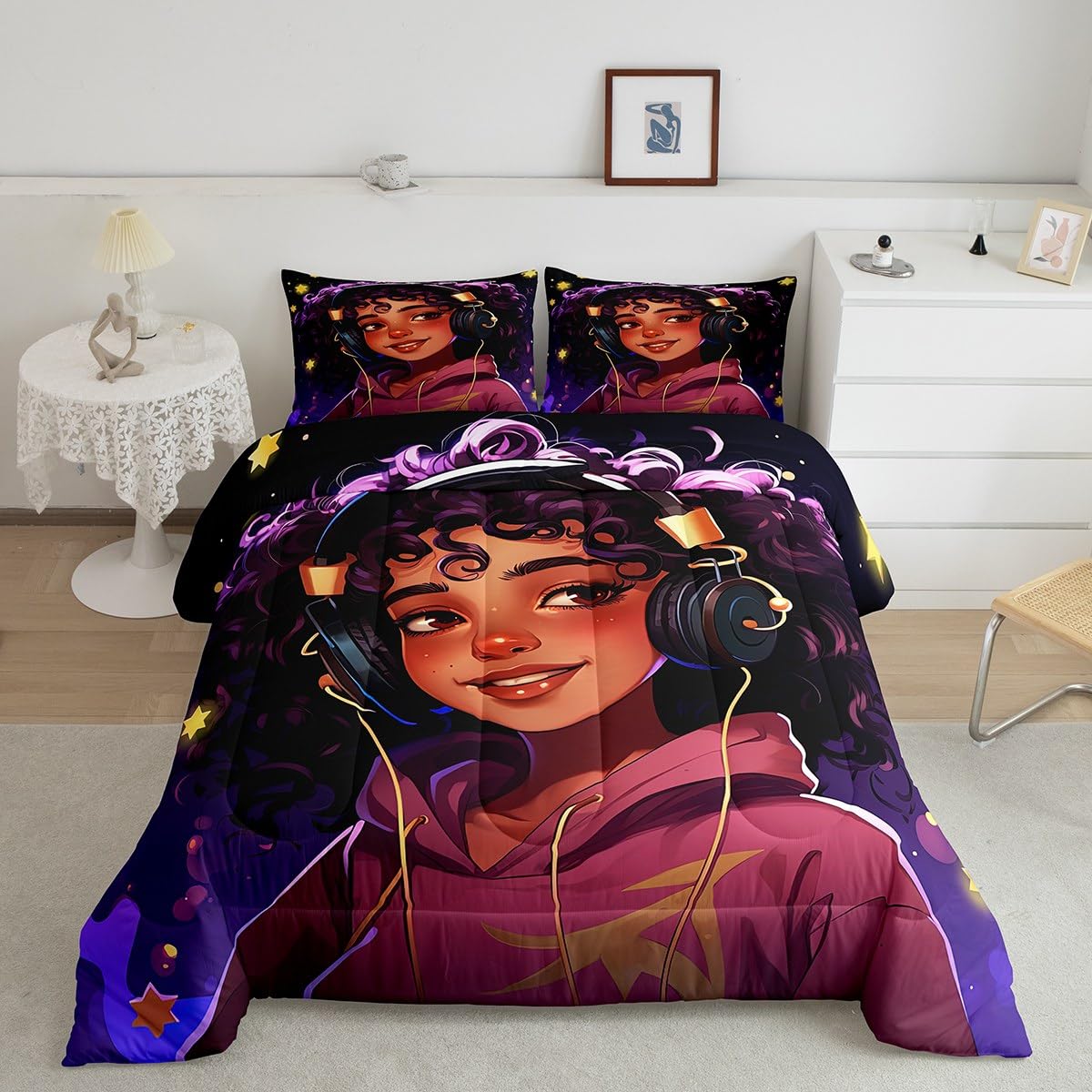 Erosebridal Afro Girls Bedding Set American African Princess Magical Comforter Set Purple Curly Hair Girl Quilt,Musical Headphone Kawaii Room Decor for Kids Teens Toddler Girls
