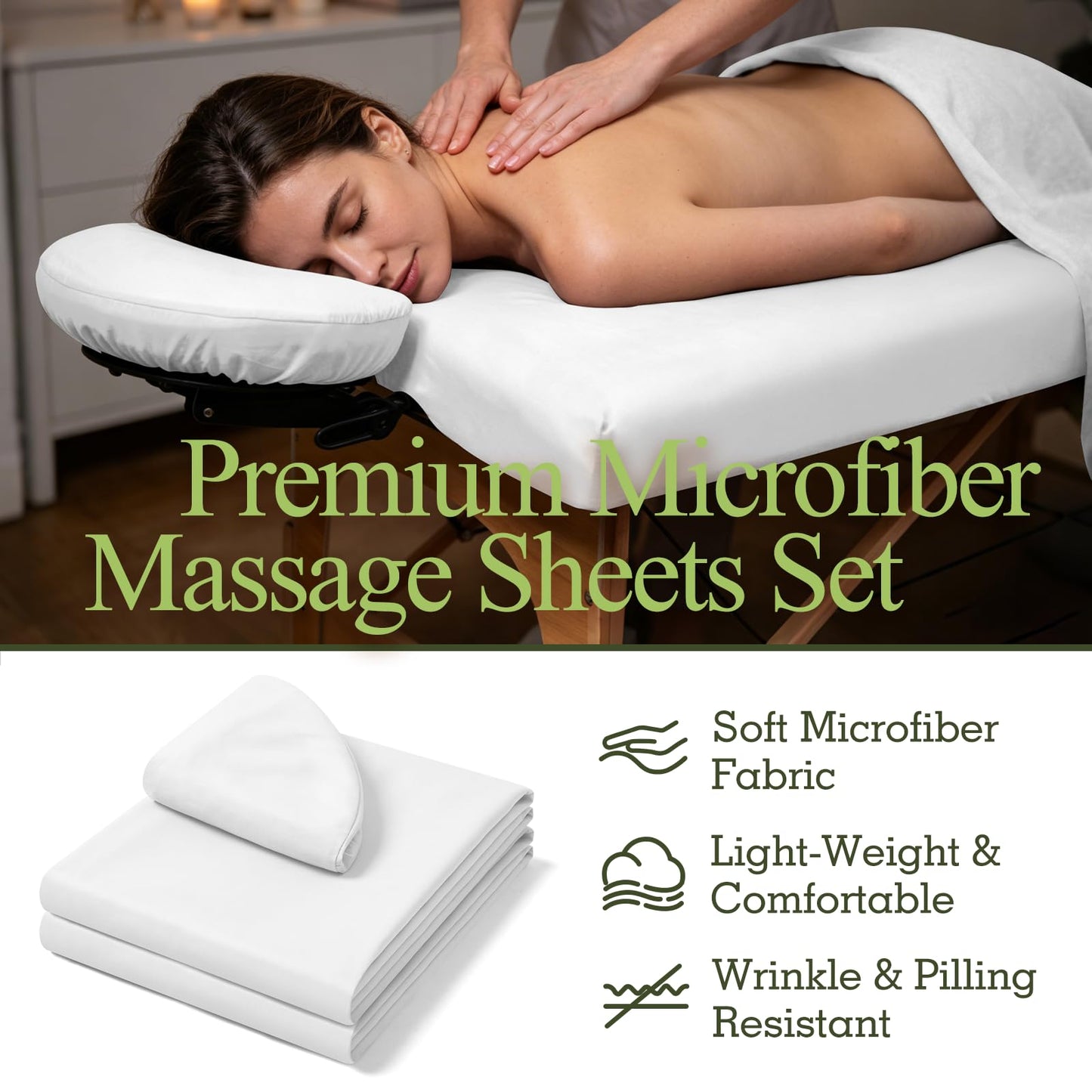 Comfyanno 3-Piece Massage Table Sheets Sets, Stain & Wrinkle Resistant, Soft Microfiber, Quick Drying, Professional Spa Therapy Bed Sheets, Includes Flat & Fitted Sheet, Face Cradle Cover -White