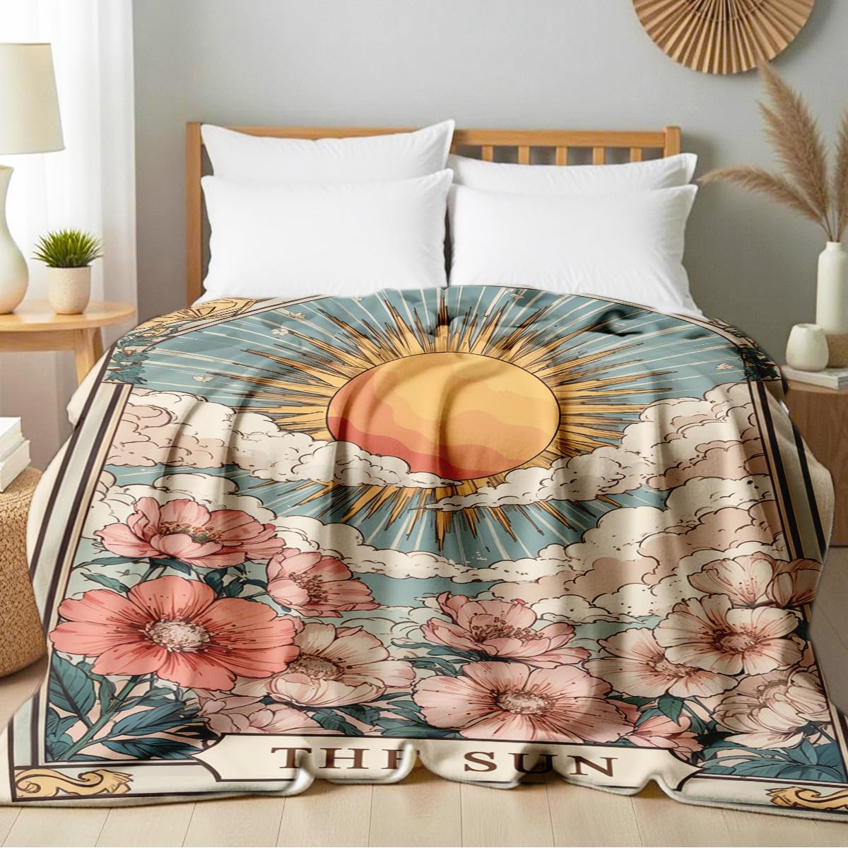 HUNXIAOJ Sun Moon Celestial Print Blanket Boho Celestial Flannel Throw Beige Blanket Throw for Couch Bed Home Living Room Boho Decor Gifts for Kids Adult (59"x78")
