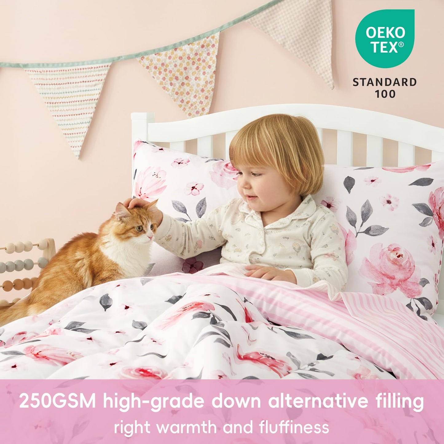 PHF 4 Piece Toddler Bedding Set, Ultra Soft Toddler Comforter Sets Include Comforter, Fitted Sheet, Flat Top Sheet and Pillowcase for Girls, Floral Bed in A Bag for Baby Bedroom, Floral