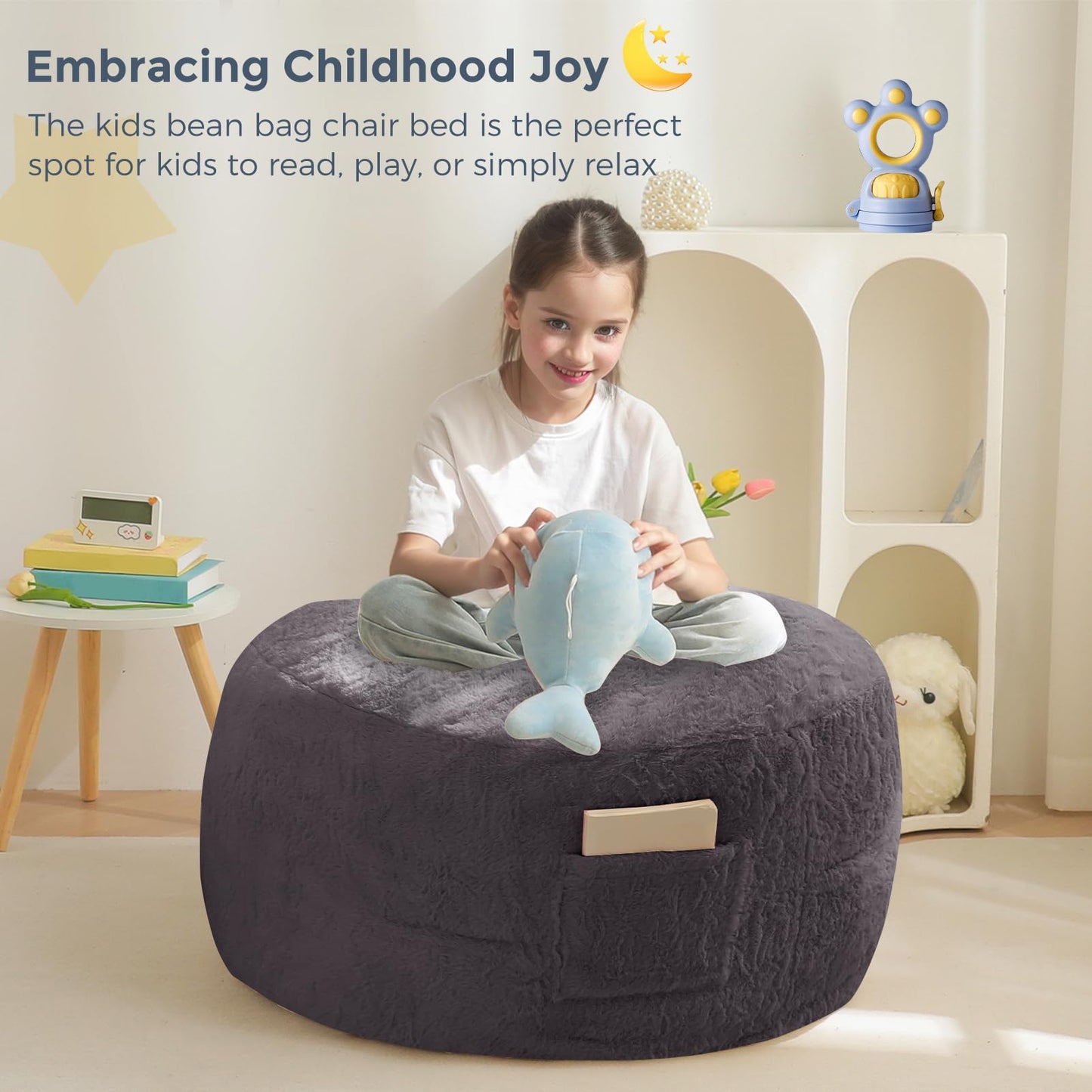MAXYOYO Bean Bag Chair for Kids, Convertible Bean Bag Folds from Lazy Chair to Comfy Floor Sofa Couch, Stuffed Floor Sofa for Boys and Girls, High-Density Foam Filling, Dark Grey