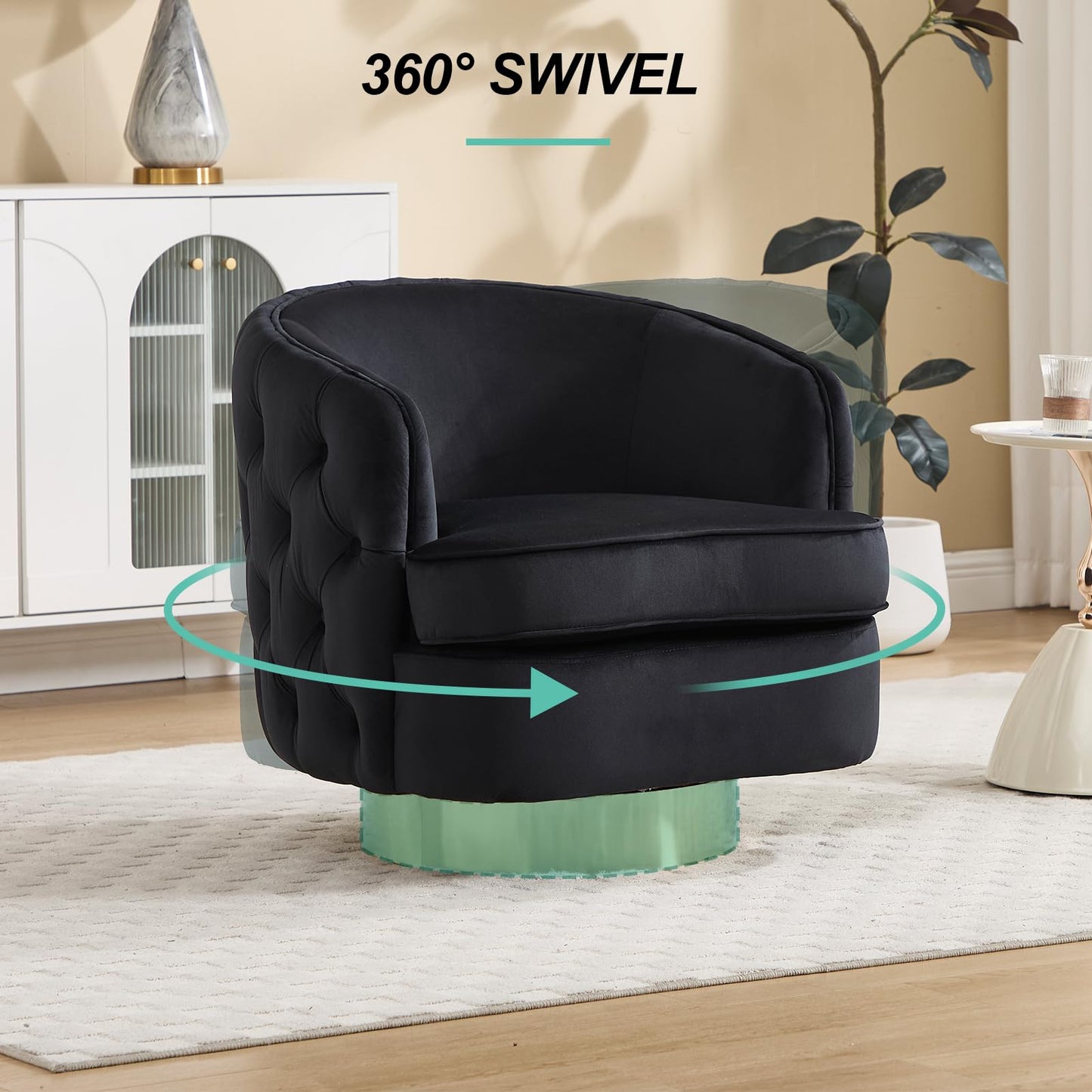 Hyfirm Set of 2 Modern Black Swivel Accent Chairs, 360° Velvet Barrel Chairs with Hand-Tufted Back, 6" Thick Cushion, Upholstered Round Armchairs with Gold Metal Base for Living Room Bedroom