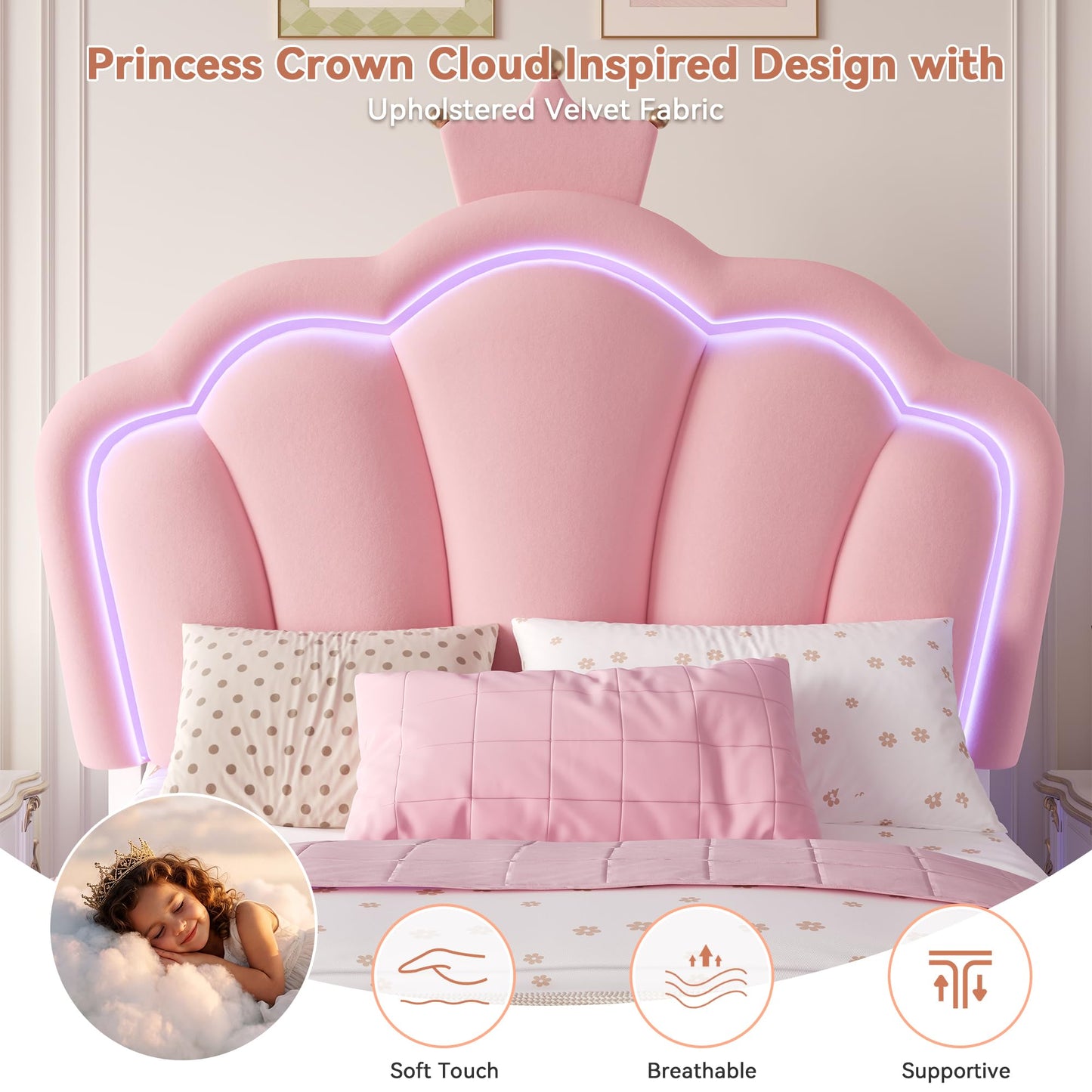 Keyluv Twin Floating Bed Frame with Led Lights & Charging Station, Princess Bed with Storage Bookcase Headboard, Velvet Upholstered Platform Bed with Cloud-Shaped Footboard for Girls, Noise free, Pink