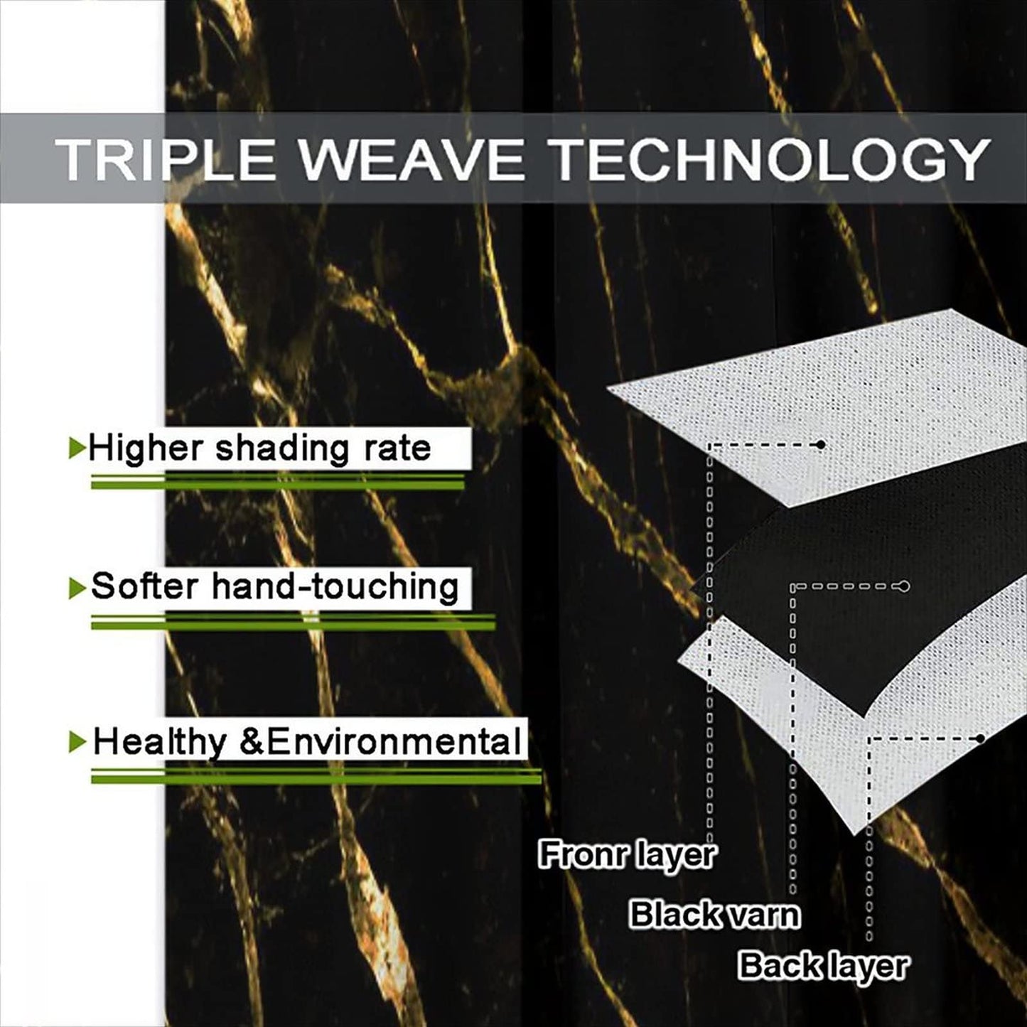 Luxury Black Gold Window Curtains,Golden Lines Marble Texture Modern Style Room Darkening Door Window Rod Pocket Curtain for Living Room Bedroom W42xL45in