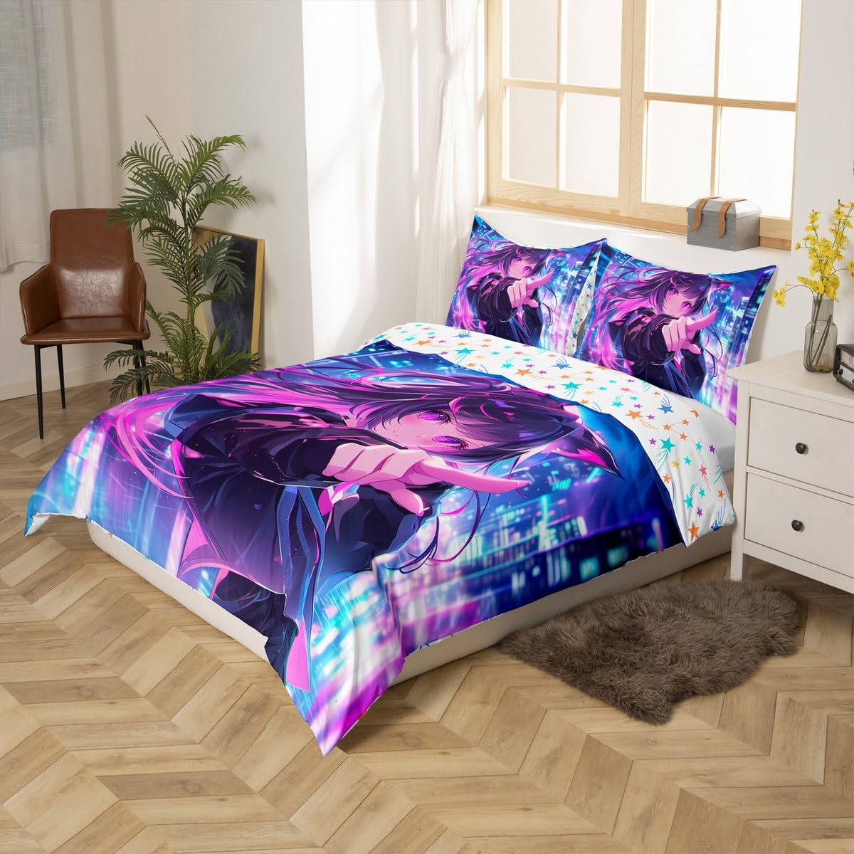 Erosebridal Kids Anime Girl Full Size Comforter Cover, Japanese Anime Duvet Cover, Cartoon Girl Bedding Set for Boys Teens Bedroom Decor, Kawaii Japanese Animation Bed Set with 2 Pillow Cases
