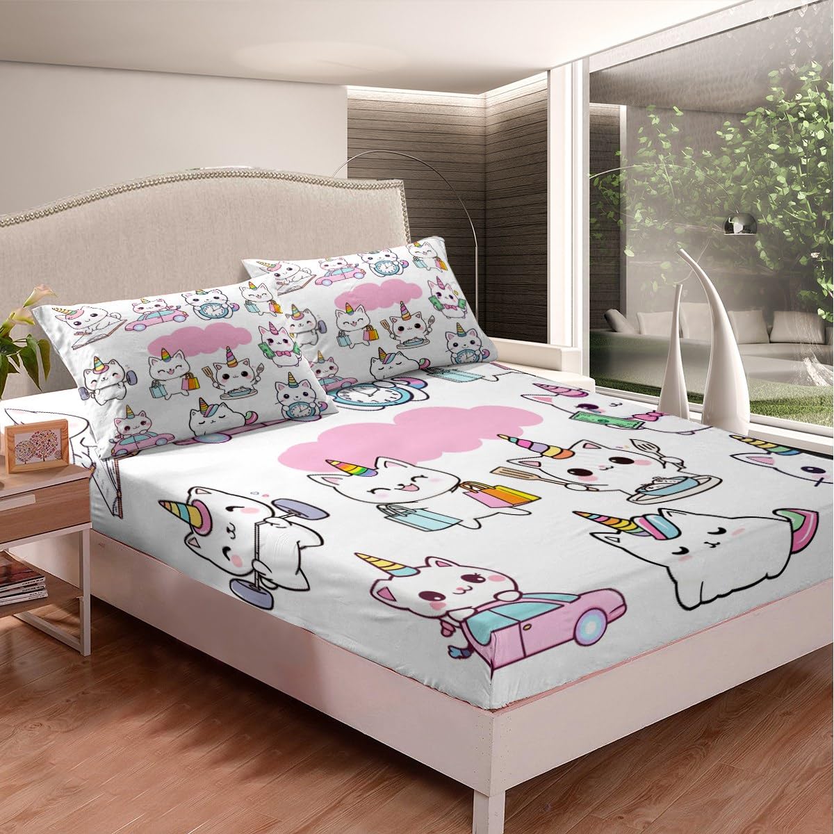 Feelyou Cat Unicorn Bed Sheet Set Cute Kitten Caticorn Cat Bed Sheets for Kids Boys Girls Cartoon Bedding Set Cute Fitted Sheet Bedroom Collection 3Pcs Full Size