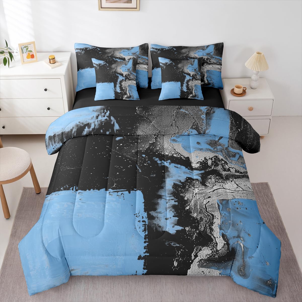 Feelyou Abstract Comforter Set King Size 7 Pieces Modern Abstract Art Bedding Set Luxury Bed in a Bag with Comforter, Sheets, Pillowcases, Cushion Covers Geometric Bedroom Decor Vivid Blue Black