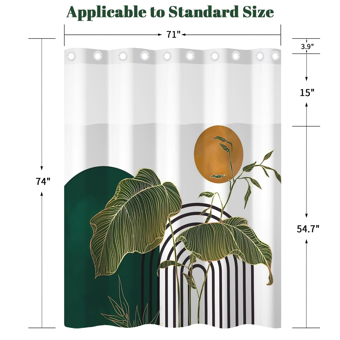 Xiazhilaio Abstract Monstera Leaf Shower Curtain No Hooks with Liner - 71″W x 74″L Waterproof Fabric with Mesh Top Window, Boho Sun & Geometric Print Bath Curtain for Modern Tropical Bathroom Decor