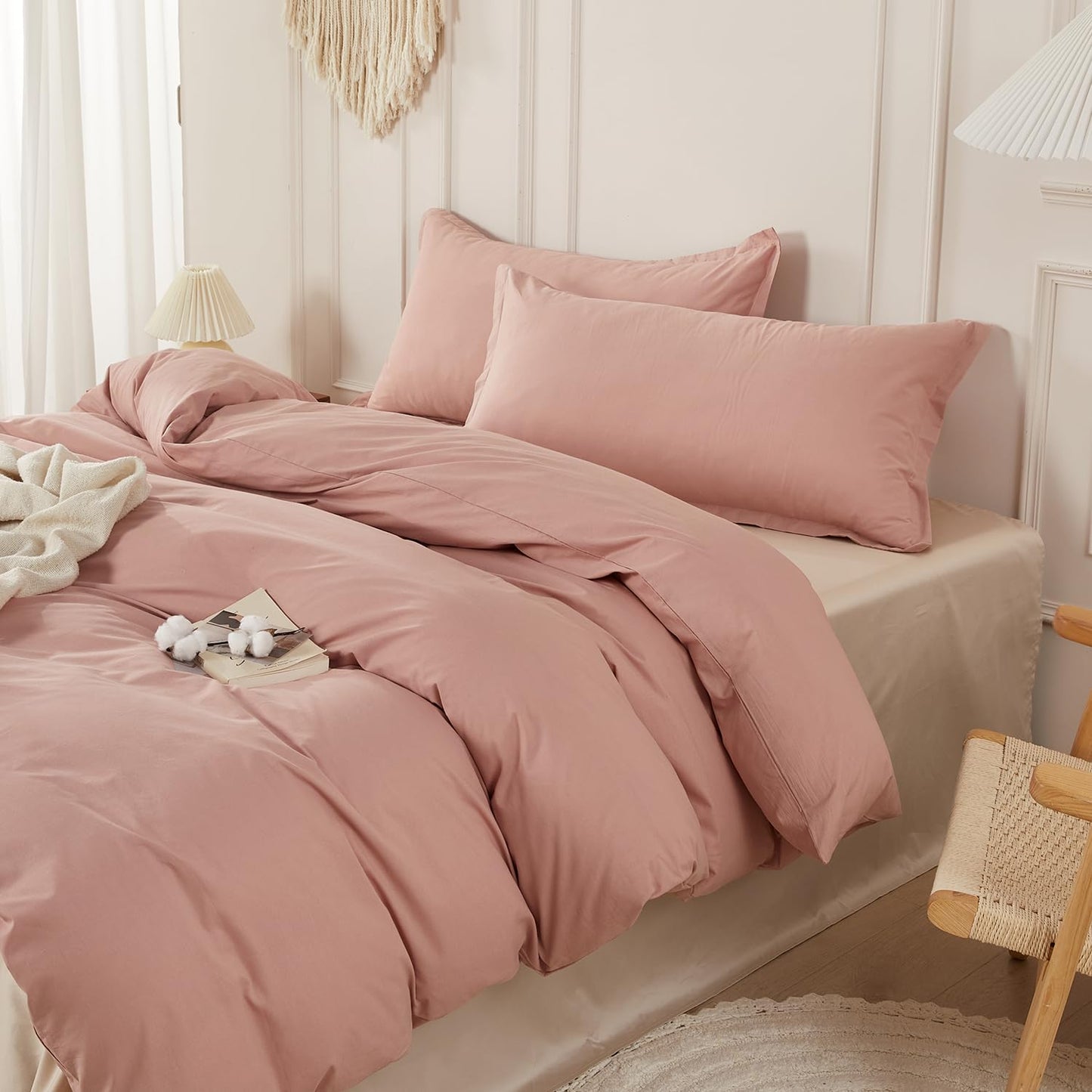 SAPHREAS 100% Washed Cotton Duvet Cover Full Size Set, Linen Like Comforter Cover with Zipper Closure & Corner Ties (No Comforter), 80x90 Dusty Rose