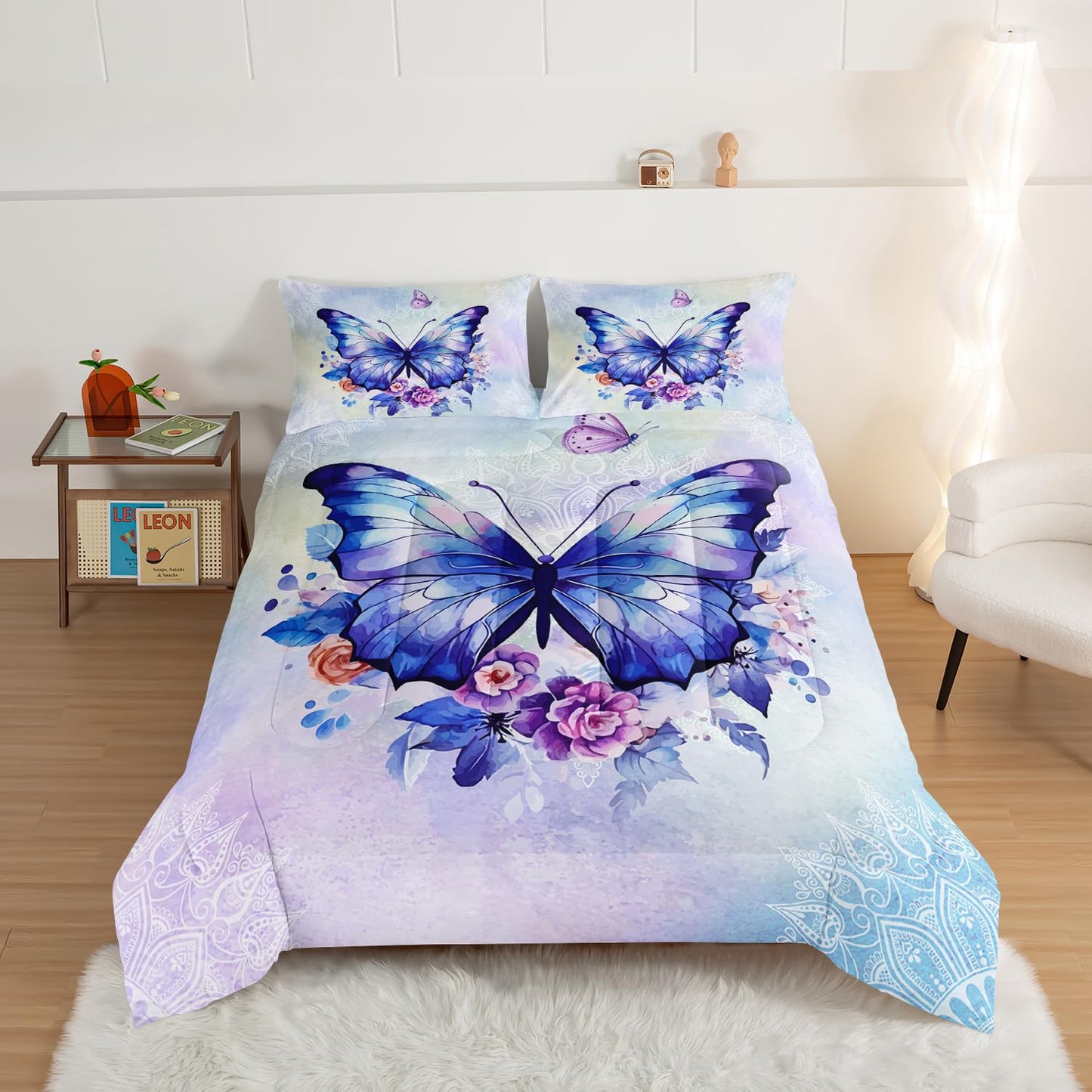 HOSIMA Floral Purple Butterfly Comforter-Soft Microfiber,Fantasy Butterfly Aesthetics Full Size Bed in a Bag for Kids Girls Teens Women,Mandala Preppy Bedding 3Piece with 2 Pillow Shams.