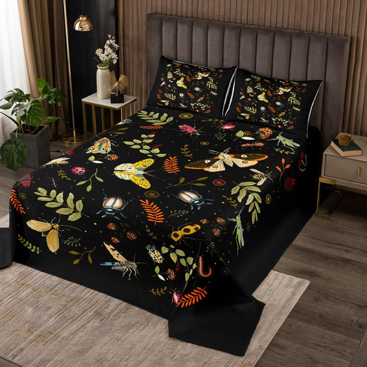 Castle Fairy Gothic Moth Coverlet Set Queen Size,Colorful Dead Entomology Leaves Bedspread for Kids Teens Halloween Room Decor,Wild Animals Plants Comforter Set Boho Exotic Quilt Set 3Pcs,Black Soft