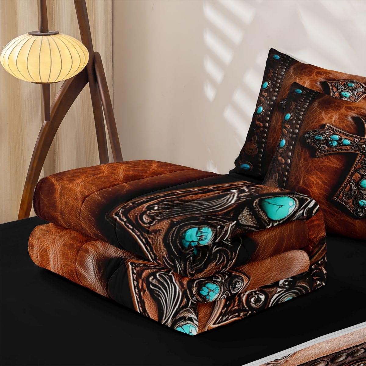 Erosebridal Ethnic Cross Zippered Bedding Set Twin Bohemian Comforter Set Rustic Western Bed in a Bag Southwestern Aztec Zipper Quilt Fitted Sheet,2 Pillowcases