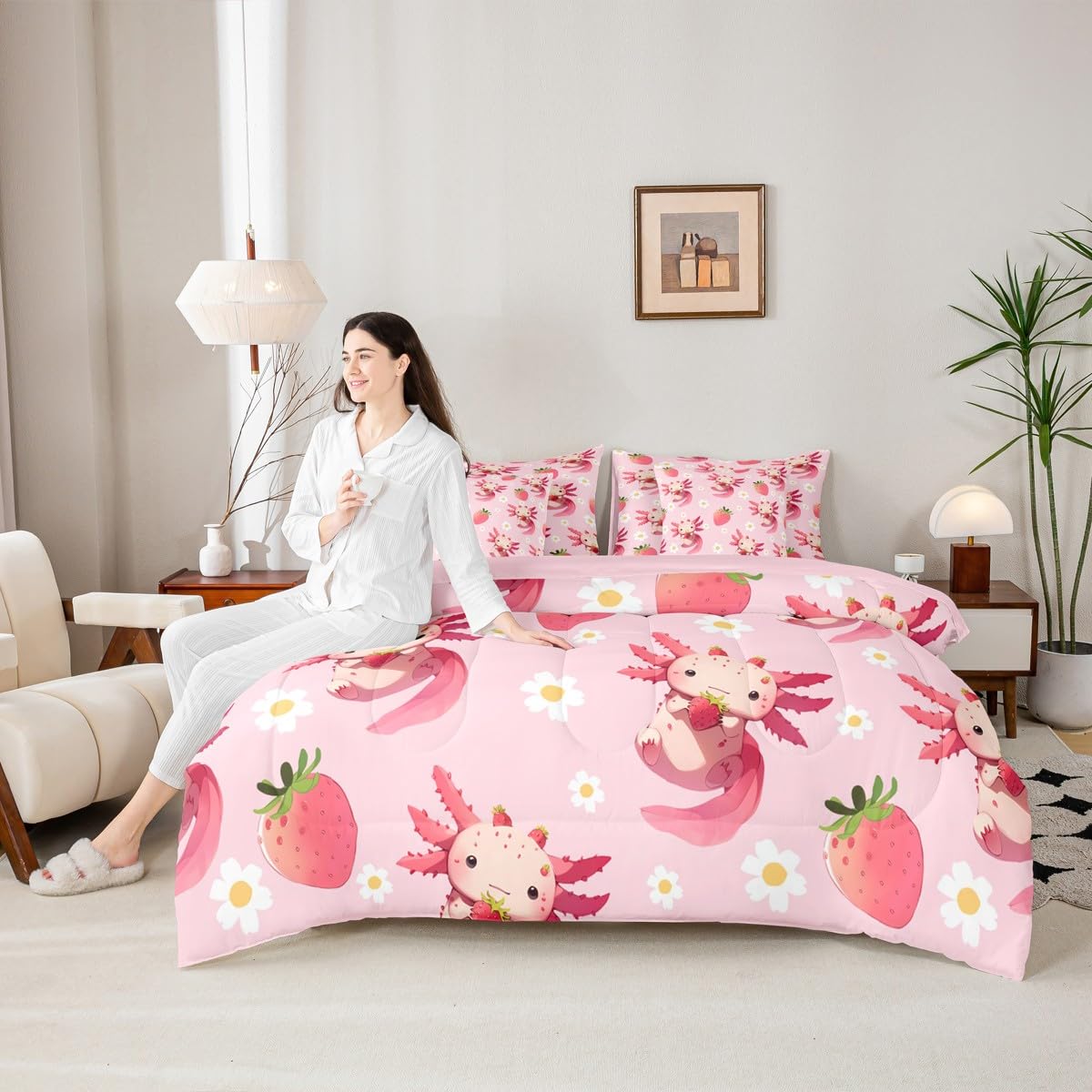 Erosebridal Strawberry Axolotl Queen Comforter Set Cute Pink Axolotl Bed in a Bag for Kids Girls Teens Cute Daisy Flower 7-Piece Bedding Set Kawaii Sea Animal Quilt Duvet Sets with Floral Design