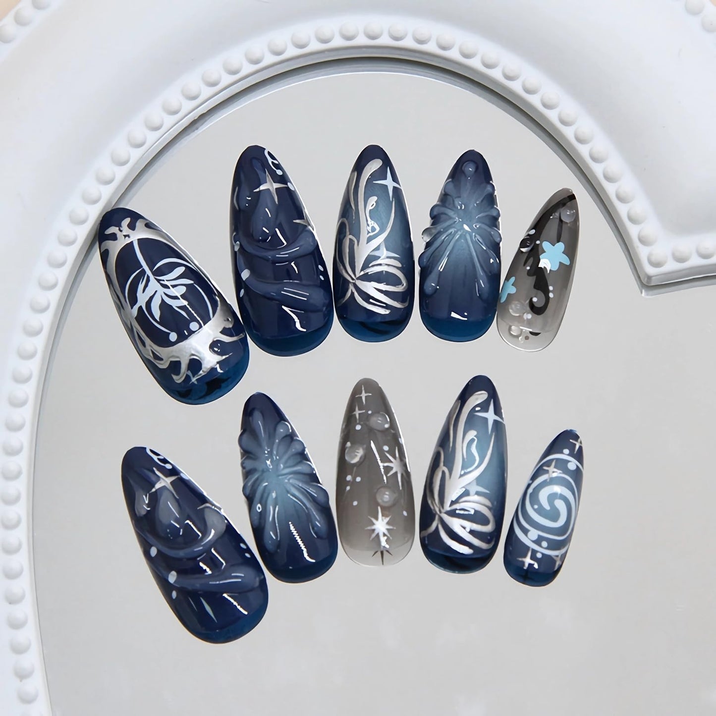 BABALAL Press on Nails Medium Almond Fake Nails Blue Goth Glue ons Silver Chrome Y2k Bow Swirl Design 3D Texture Handmade Supplies Art 24Pcs Glossy Gothic Acrylic Gel False Nails