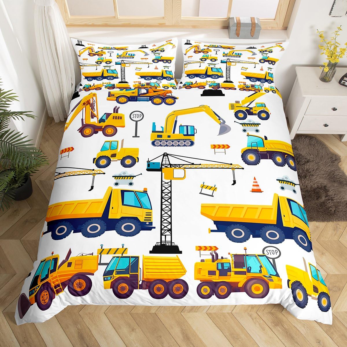 Erosebridal Kids Construction Queen Bedding Sets for Boys,Excavator Trucks Comforter Cover Cartoon Tractor Car Vehicle Toddler Bed Set Yellow Blue (1 Duvet Cover and 2 Pillow Cases)