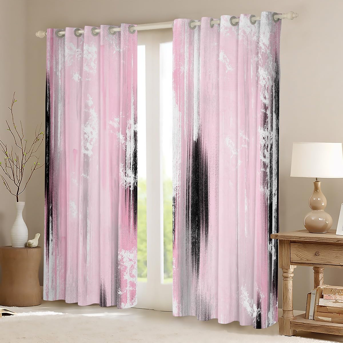 Feelyou Abstract Curtains for Bedroom Living Room Modern Abstract Art Blackout Darkening Drapes Pink Gray White Window Treatments, 2 Panels 38 x 45 Inch Luxury Room Decor