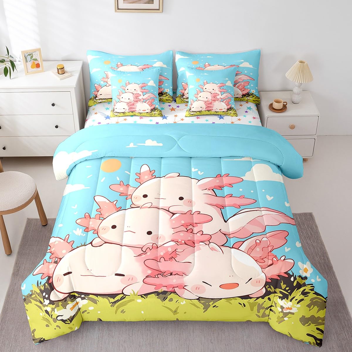 Feelyou Kids Cute Axolotl 7 Pieces Bedding Set Twin Size, Cartoon Salamander Bed in A Bag Ocean Sealife Comforter Set with Sheets Boys Girls Kawaii Animal Teens Bed Set Bedroom Decor 7Pcs