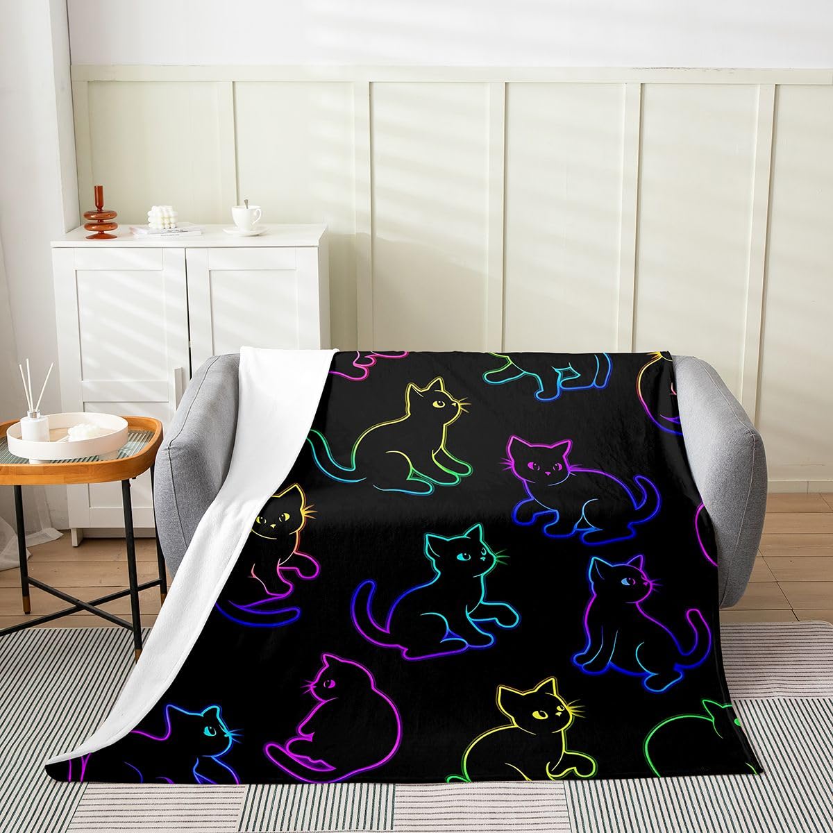 Feelyou Cat Flannel Fleece Throw Blanket Halloween Themed 40"x50" Trick or Treat Fleece Throw Blanket for Kids Women Men Scaredy Cat for Bed Couch Chair Living Room Cute Kitten Bedroom Decor
