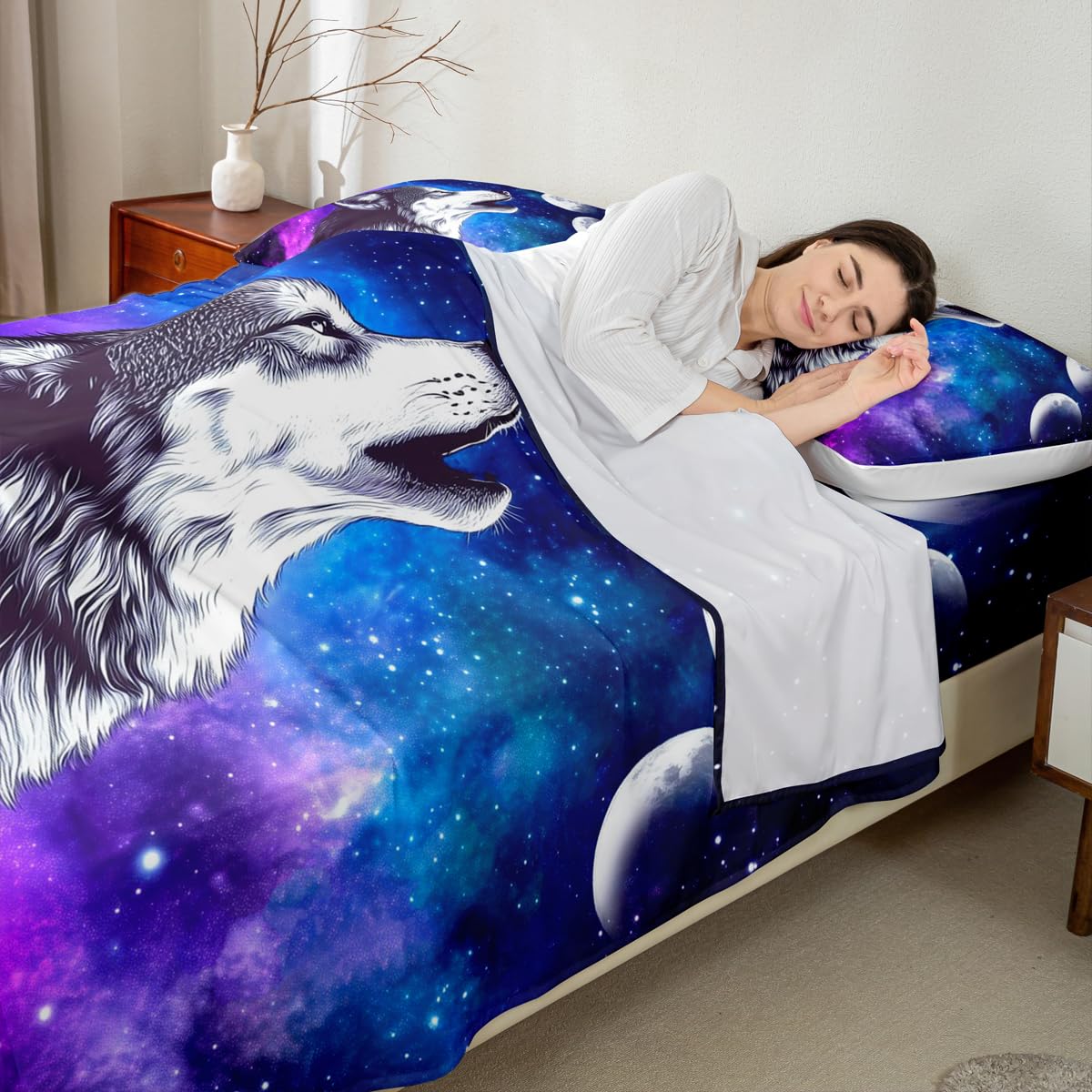 Erosebridal Howling Wolf Bed Sheets Blue Purple Starry Sky Sheet Set Full Size,Galaxy Series Fitted Sheet for Child Teens JCXS8225CLBWTfull 0