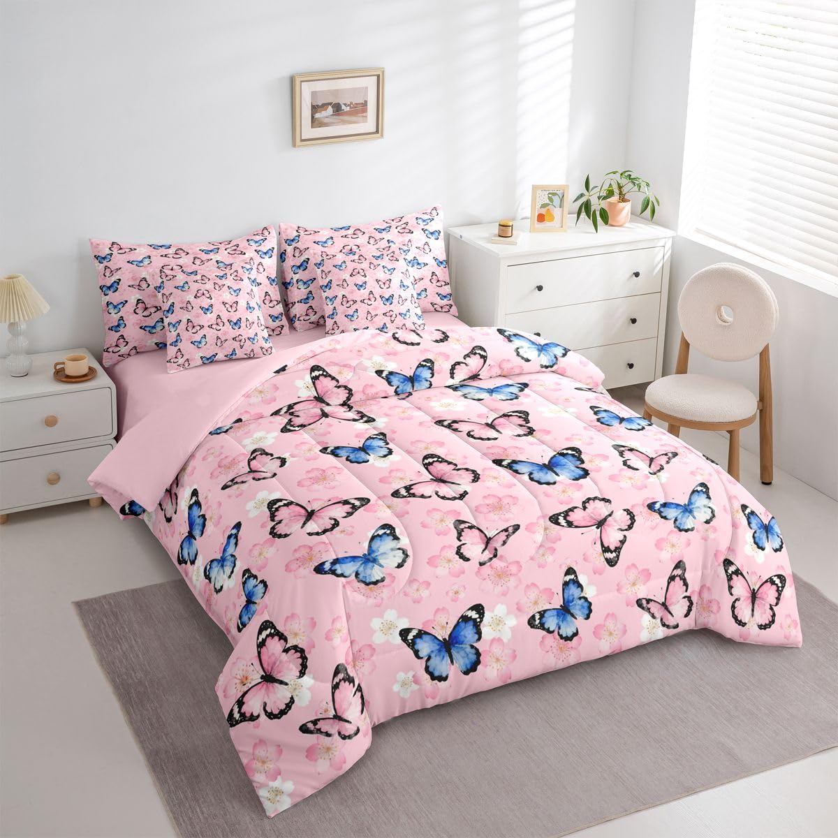 Erosebridal Watercolor Cute Butterflies 7 Piece Bedding Set Twin 3D Pink Flower Print Comforter Set with Sheets Floral Leaves Bed in a Bag Cherry Blossom Bed Sets Comforter