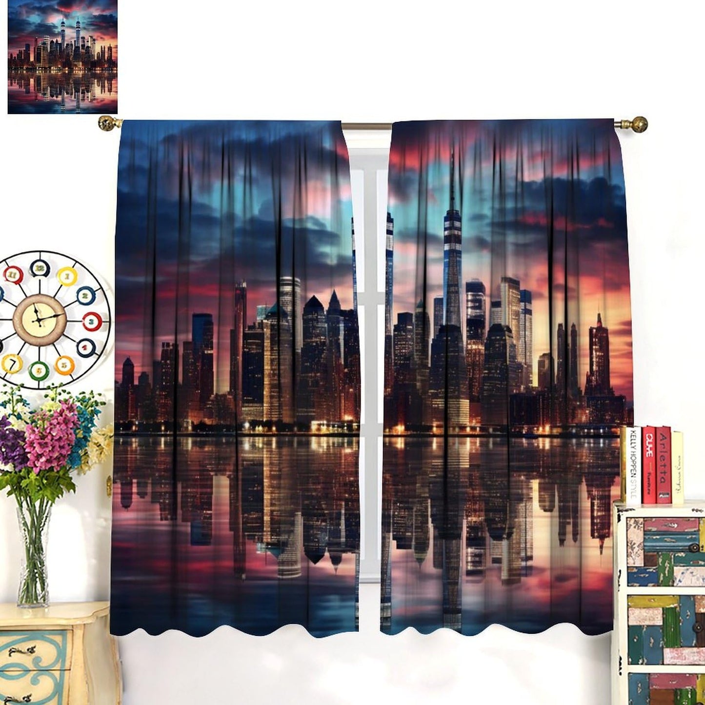 Urban Nightscape Curtains, Colorful Foggy Rosy Clouds Modern City Skyscraper Street Scenery Pattern Window Treatments, Blackout Rod Pocket Drapes For Living Room Bedroom Bathroom Kitchen 42x45in