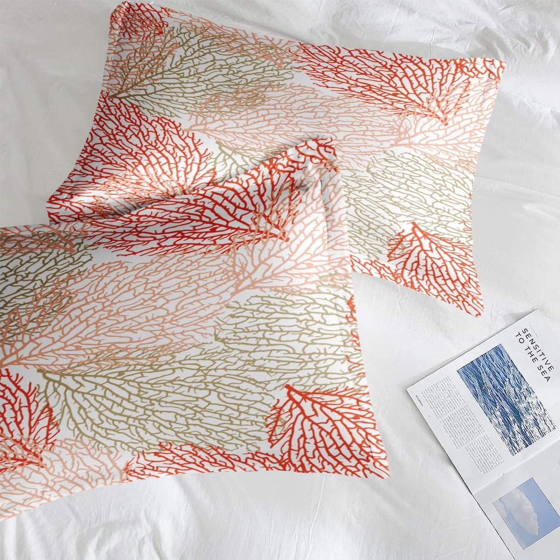 Pamnest Full Size Bed Sheet Sets, Coral Summer Coastal Soft Microfiber 4 Pcs Bedding Sets for Kids and Adults Bedroom Bed Decor, Ocean Sea Tropical Plant Flat, Fitted Sheet and 2 Pillowcases