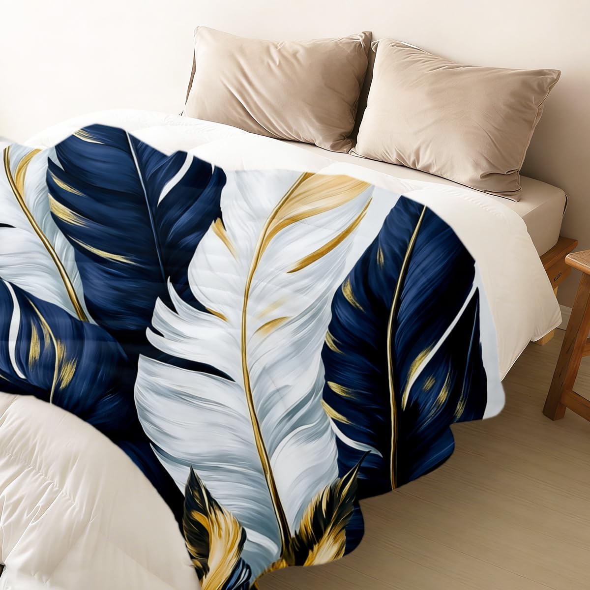HUNXIAOJ Tropical Blankets and Throws Tropical Plant Blanket for Couch Bed Room Home Decor Tropic Leaf Throws Blue Gold Botanical Decor Flannel Gifts for Women Adults Kids 49"x59"