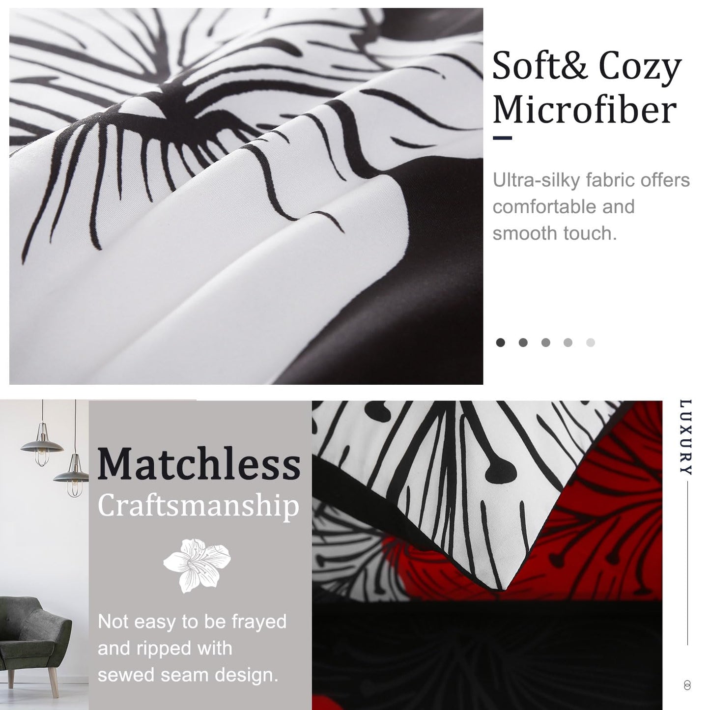 Menghomeus Black Comforter Set Queen Red and White Floral Comforter with 2 Pillowcases Modern Bedding Sets Lightweight Bed Set for All Season