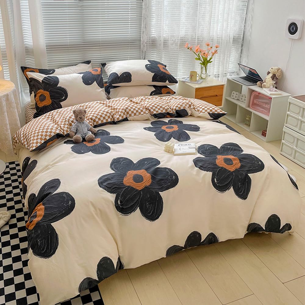 CLOTHKNOW Black Beige Floral Twin/Twin XL Comforter Set Sunflower Bedding Comforter Sets Brown Plaid Comforter Boho Comforter with 2 x Pillow Cases