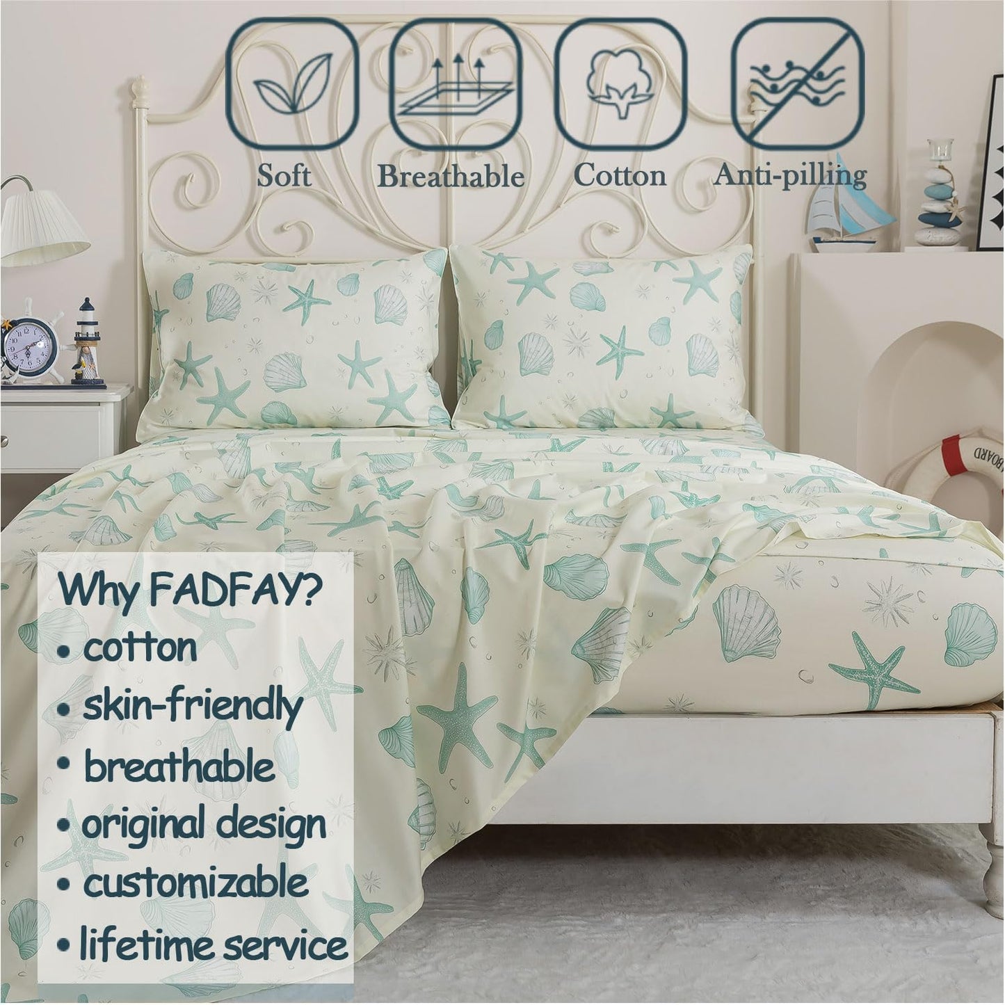 FADFAY 100% Cotton Coastal Sheet Set Queen – Ultra Soft Breathable Beach Bedding, Seafoam Green Starfish & Seashell Print, Ocean Themed Bed Sheets for Coastal Bedroom Decor, Deep Pocket, 4 Piece Set