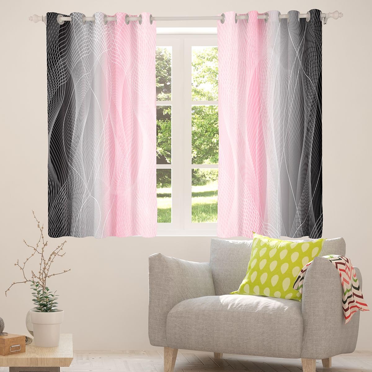 jejeloiu (2 Panels, 42 x 84 Inch Pink and Black Darkening Drapes Strip Lines Curtains for Bedroom Living Room for Kids Women Men Ombre Printed Blackout Curtains Geometric Window Treatments