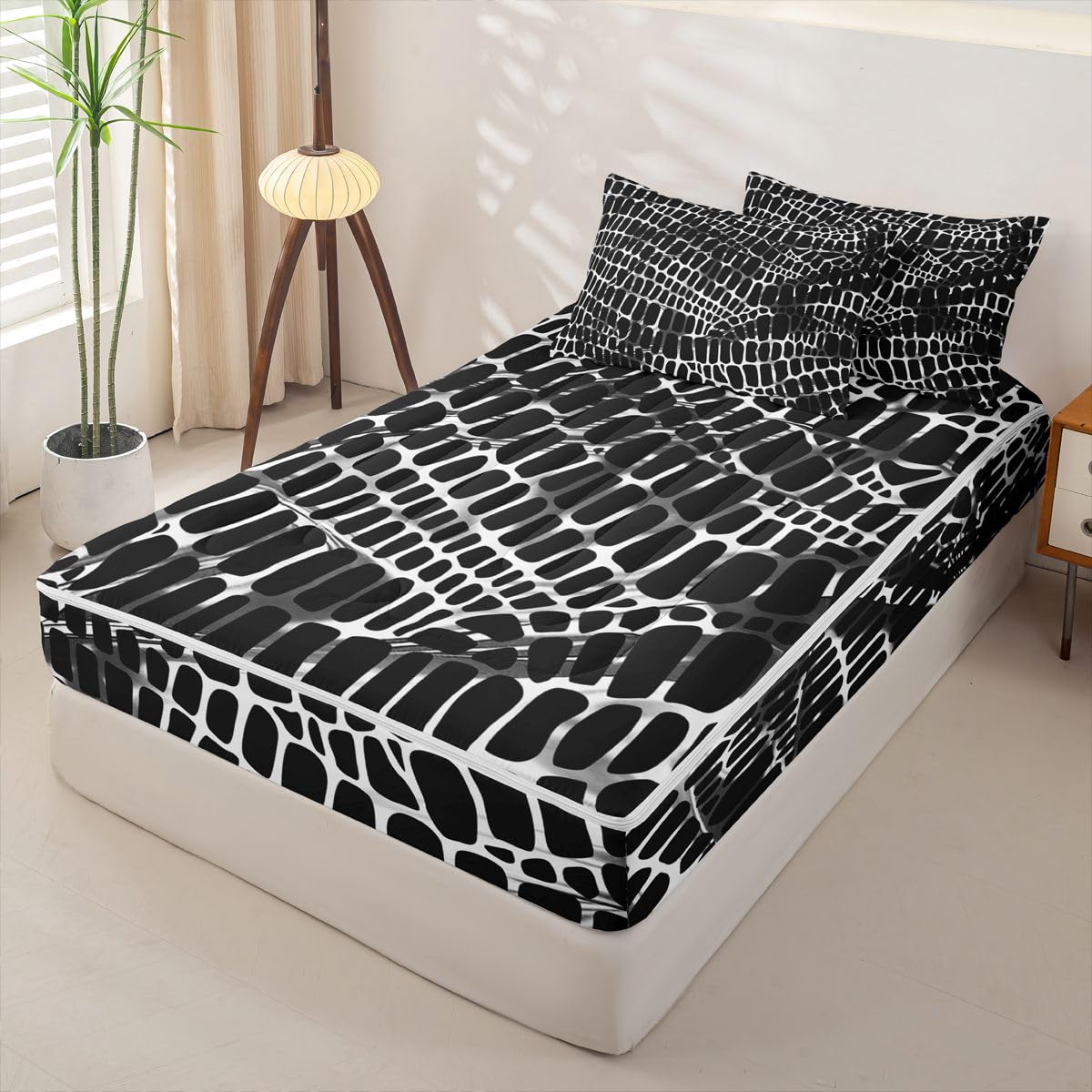 Erosebridal Mysterious Geometric Zipper Bedding Black White Grid Zippable Comforter Set 3D Print Bed in a Bag Full Size Modern Animal Texture Bed Set Room Decor