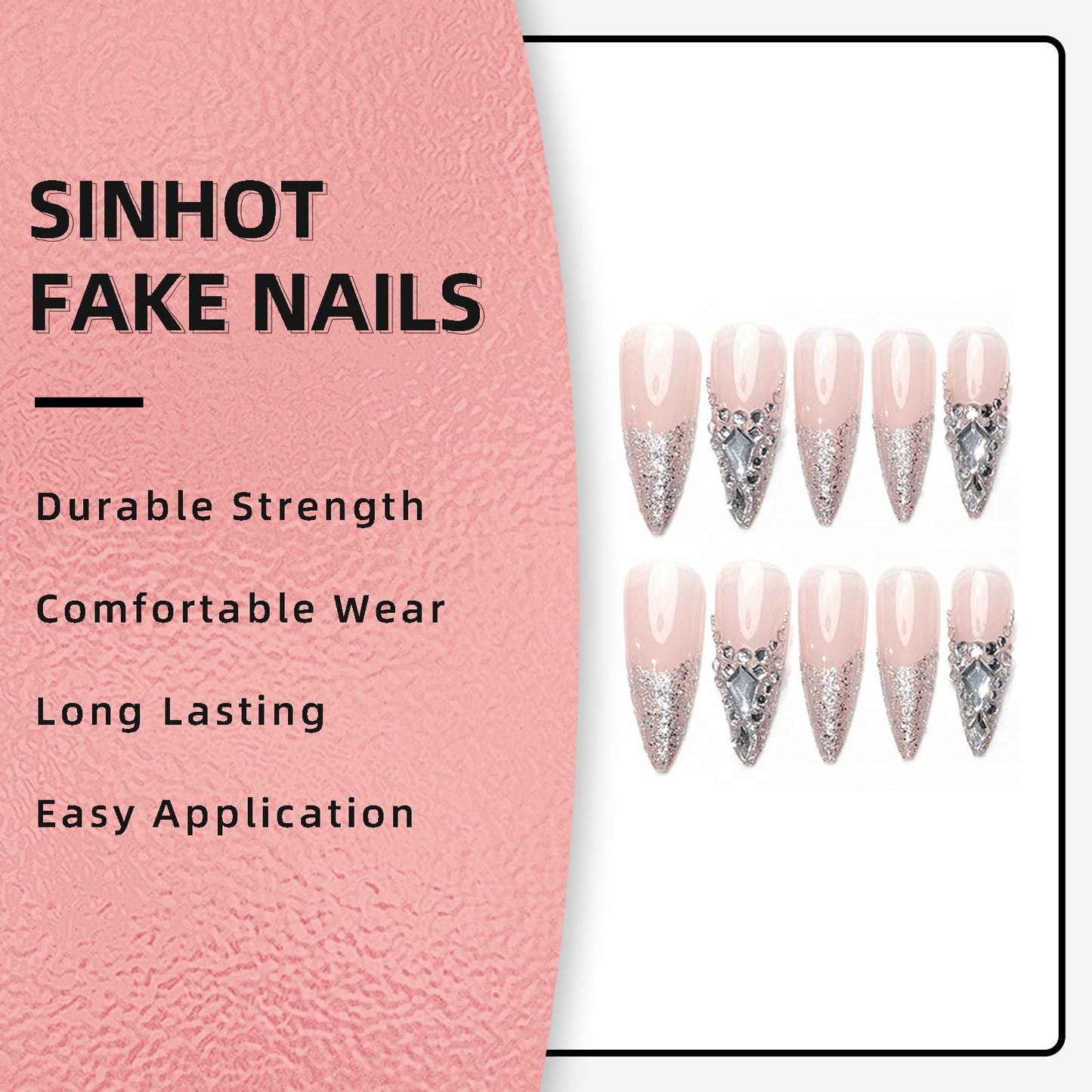 SINHOT Luxury Press on Nails - Long Stiletto Fake Nails, Glossy Finish, French Tip & 3D Rhinestones Design, DIY Artificial False Nail Art - 24 Pcs Nail Kit with Glue