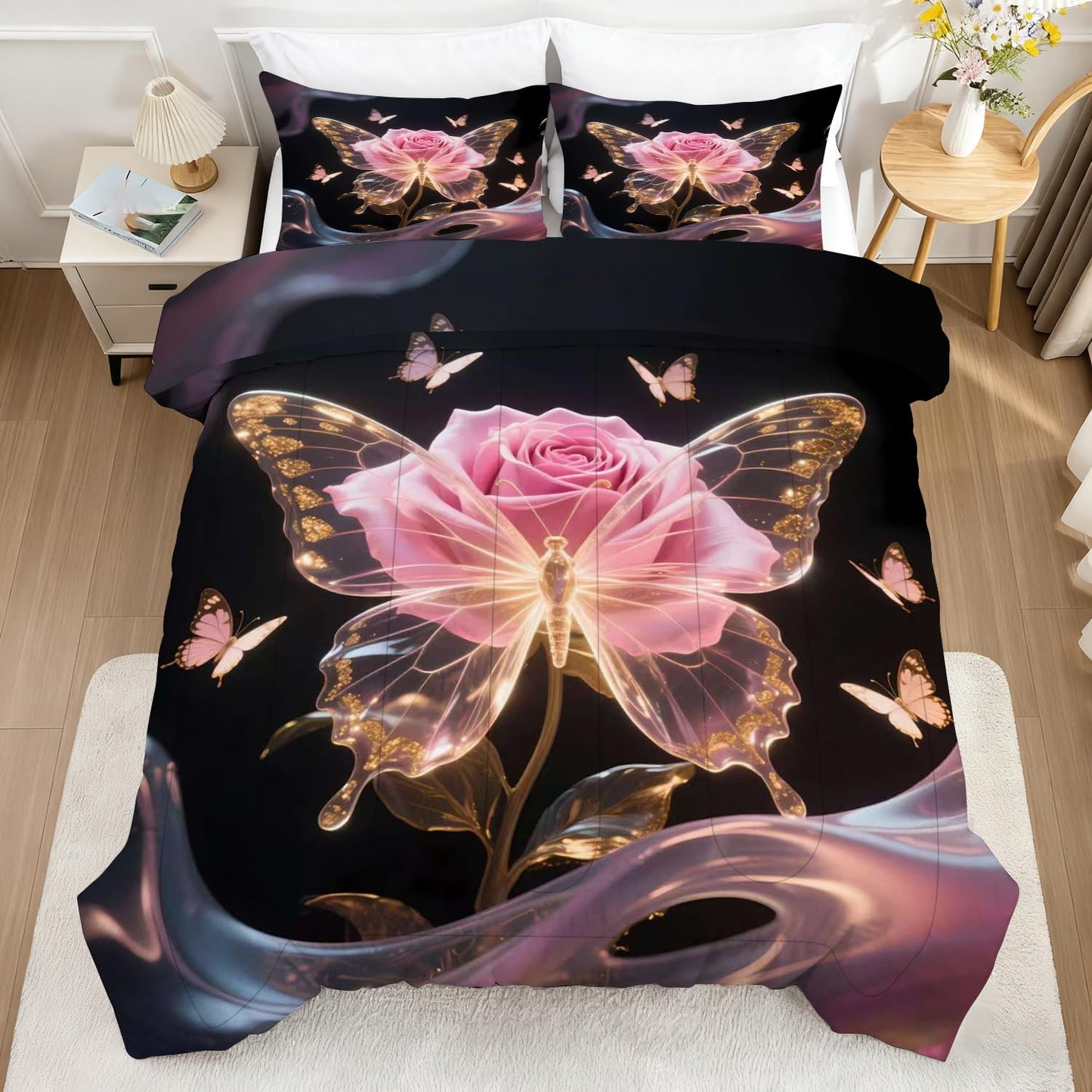 CERYUEE Butterfly Bedding Set Butterfly Twin Comforter Set for Girls Kids Woman 3D Pink Rose Flower Quilt for Bedroom Decor Black Cute Bedding 1 Comforter + 1 Pillow Case